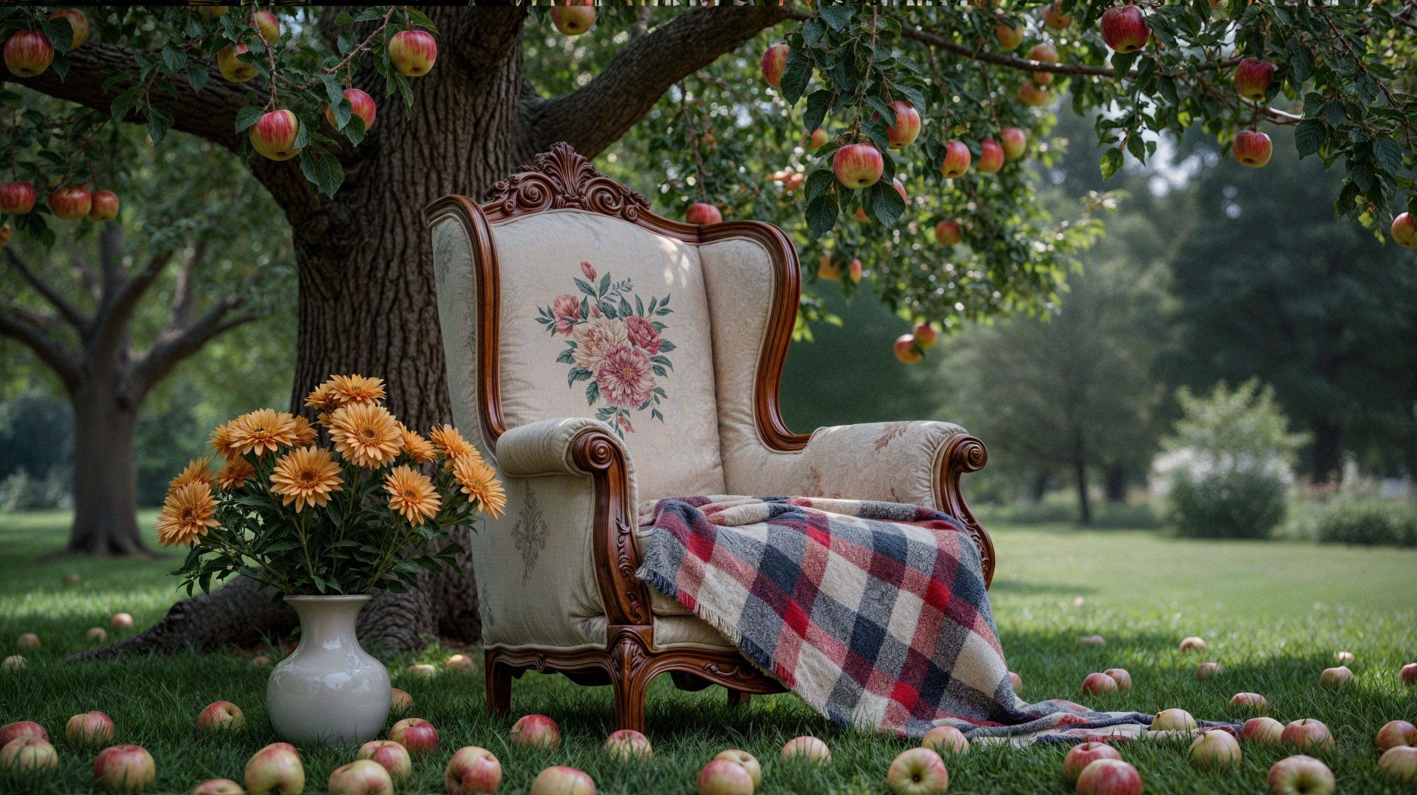 Vintage armchair under apple tree with floral decor