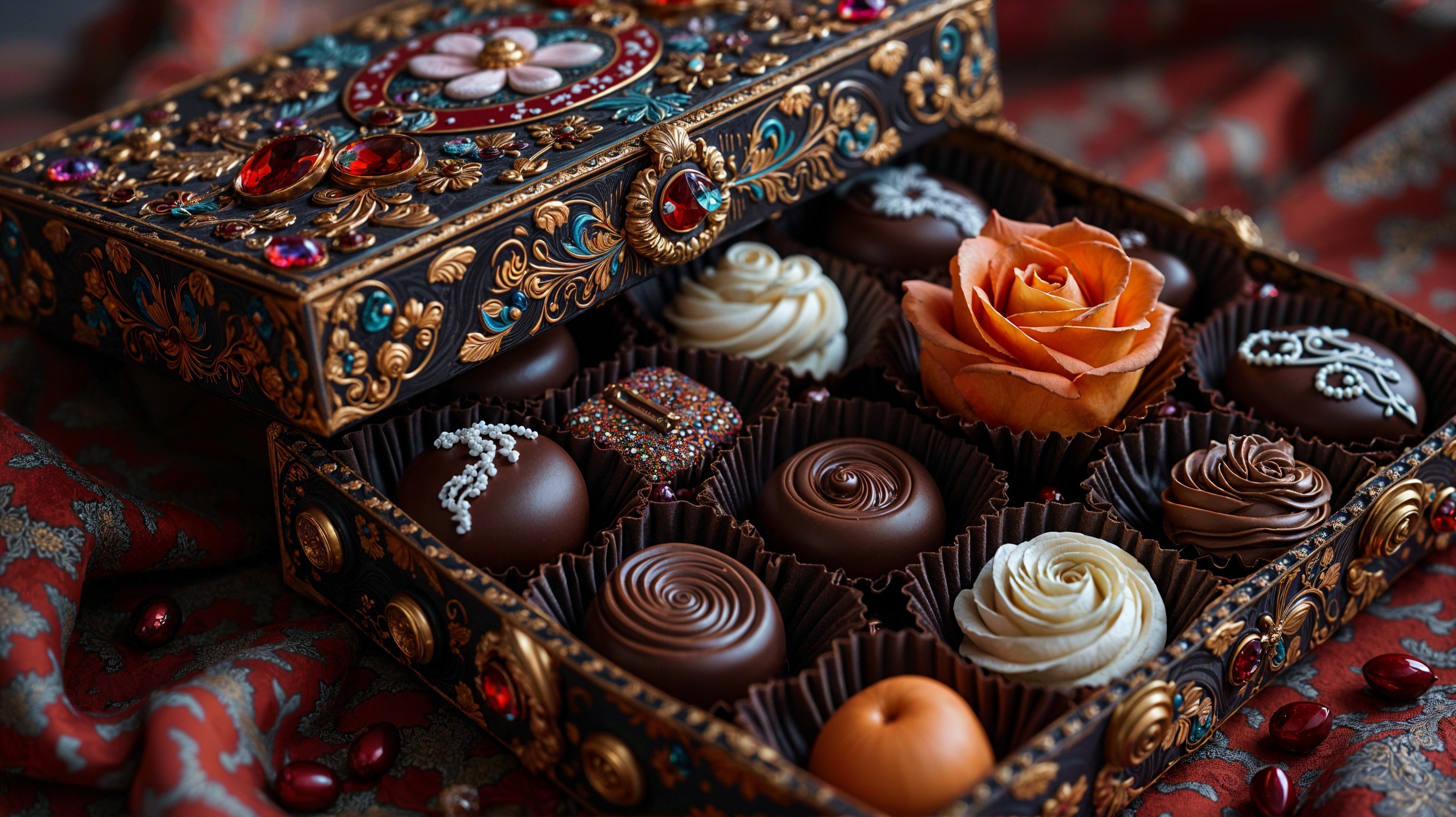 Ornate Box with Luxurious Chocolates and Rose