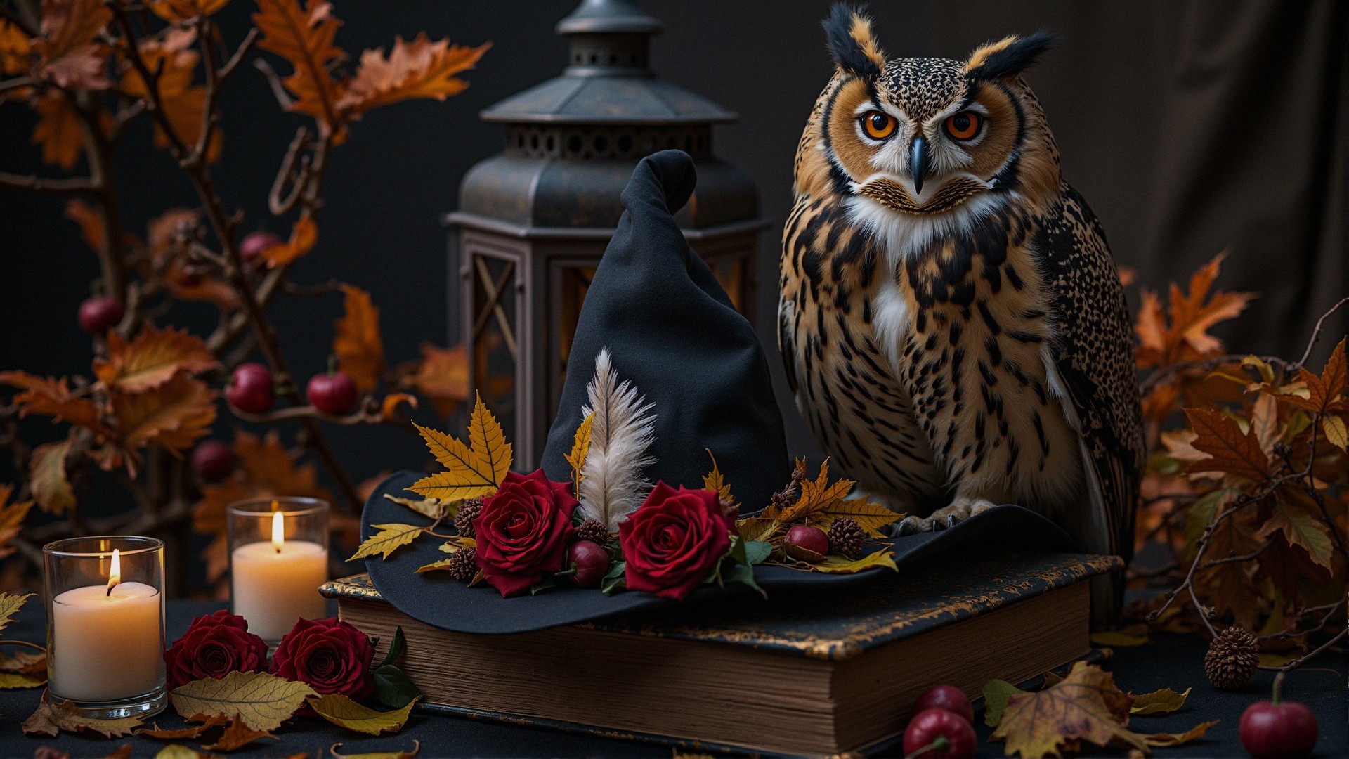 Owl with Witch Hat on Book Surrounded by Candles