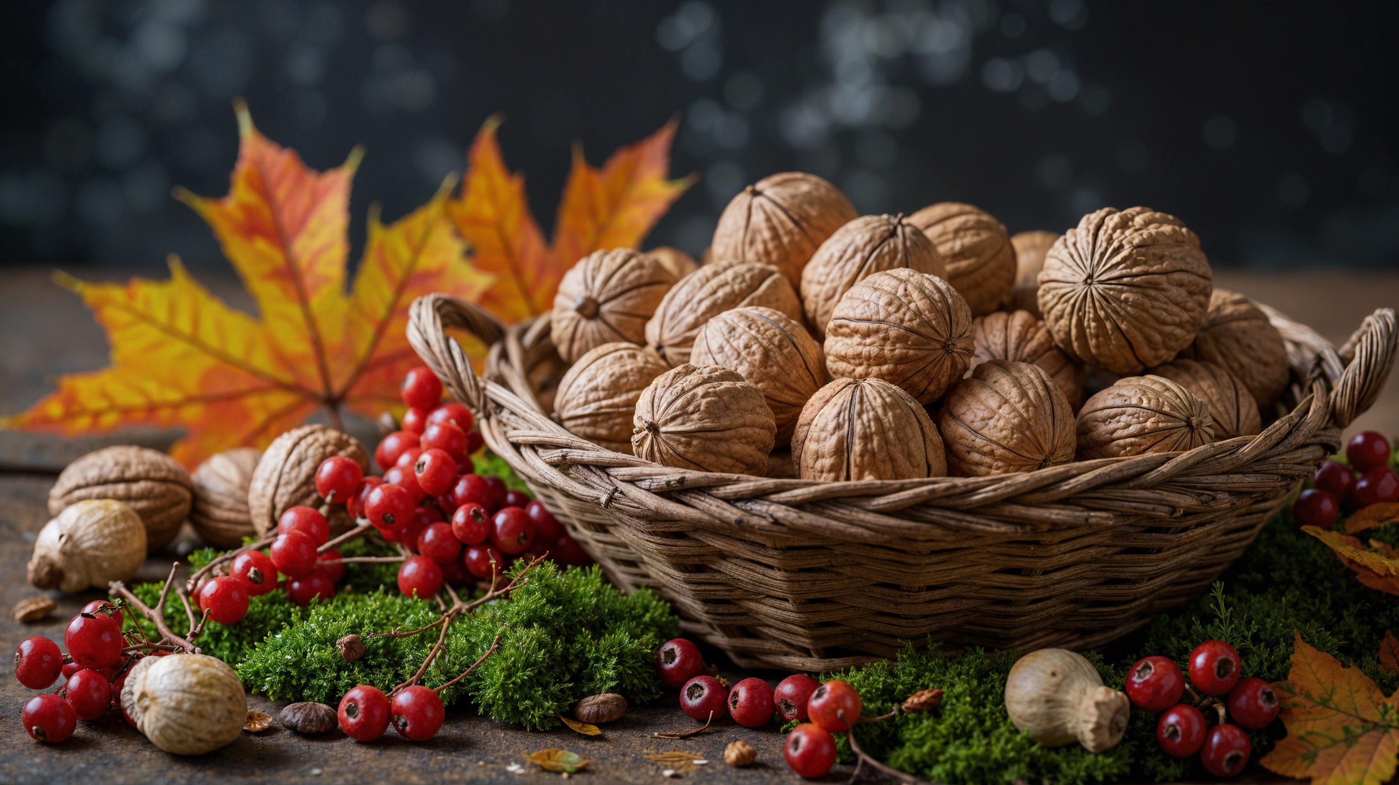 Rustic Basket of Walnuts Surrounded by Autumn Leaves