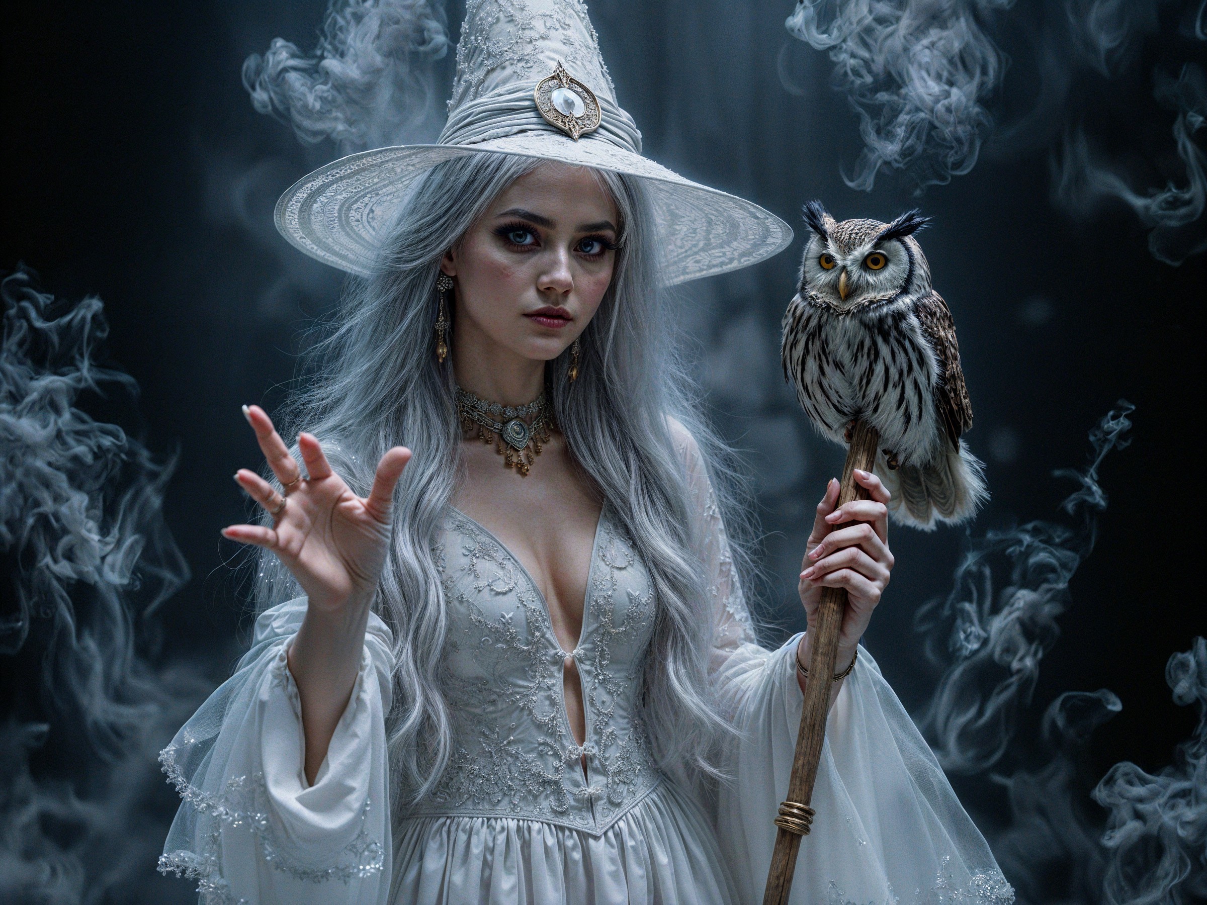 Mystical Figure in White Gown with Owl and Staff