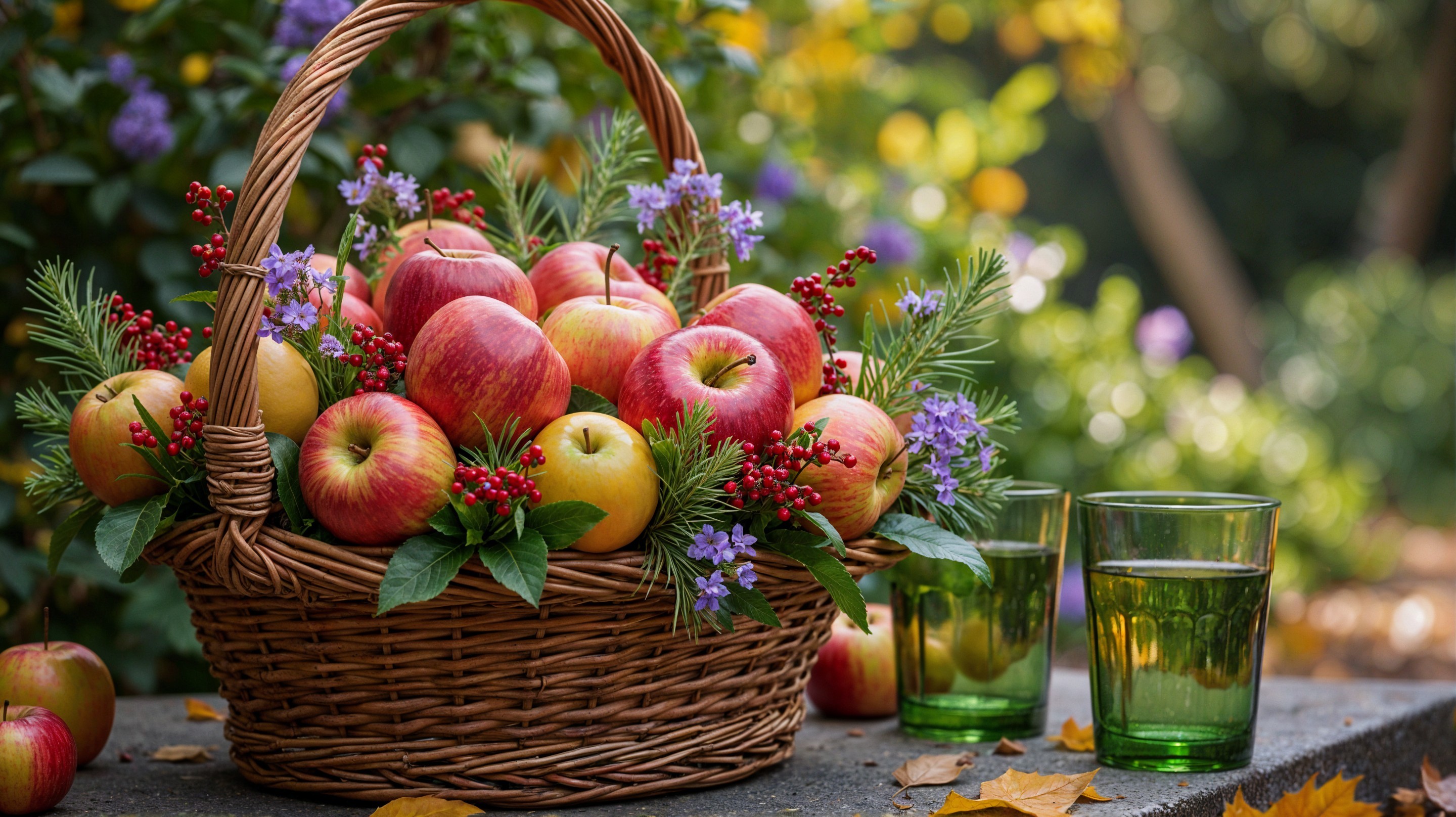 Woven Basket with Apples and Colorful Flowers
