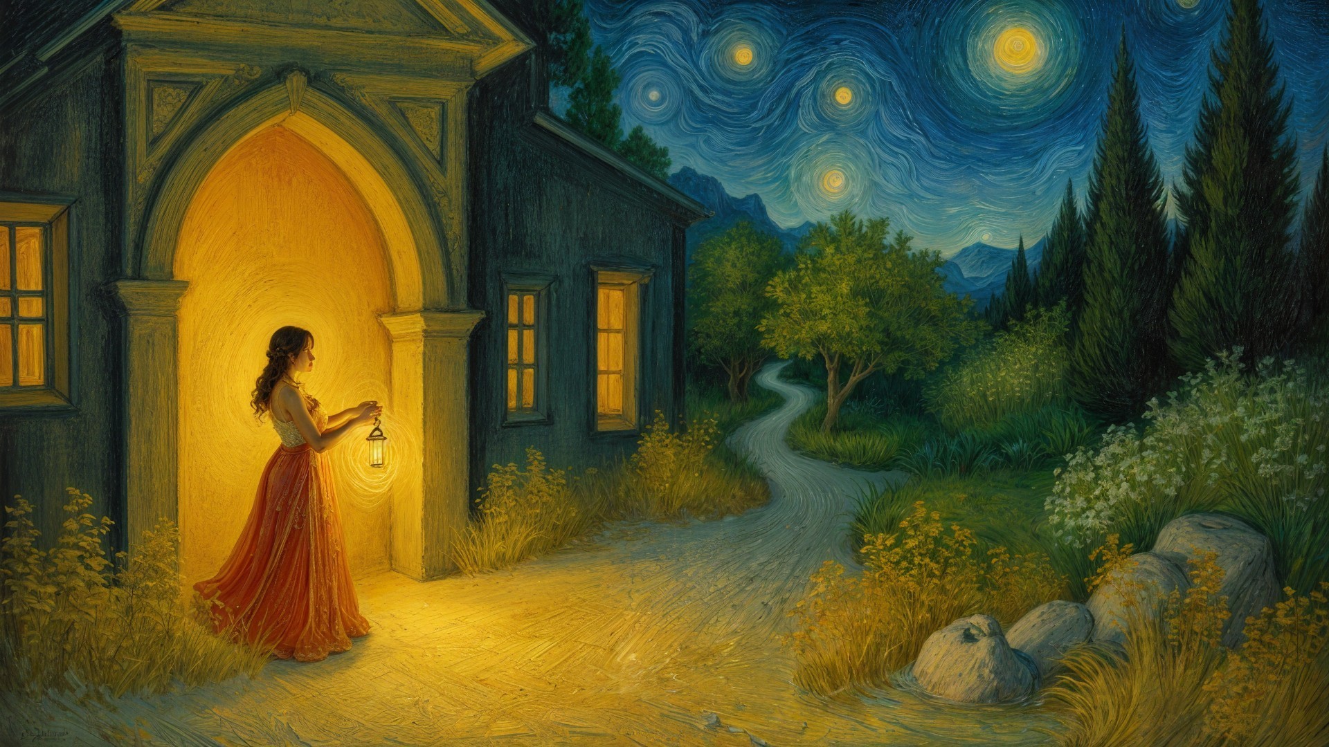 Woman in Red Dress at Quaint House Entrance with Lantern