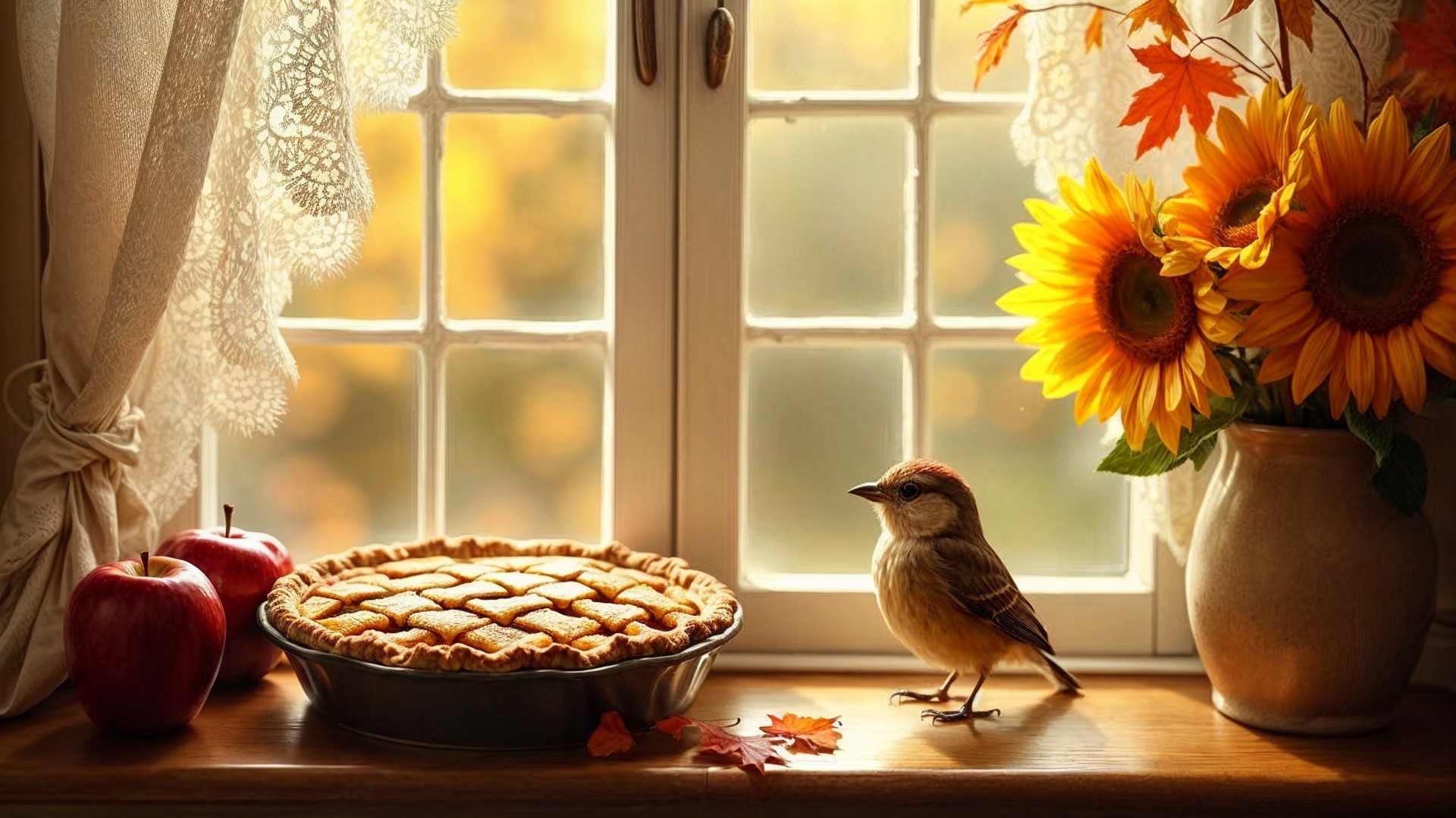 Cozy Window Sill with Pie and Autumn Decor
