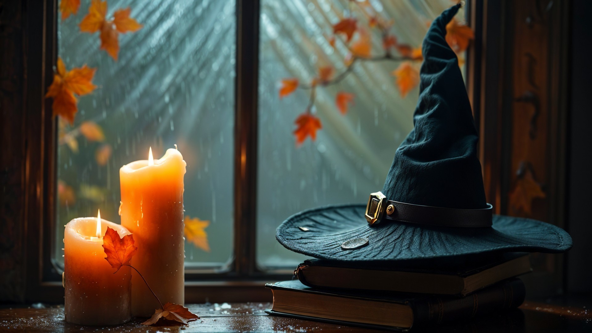 Cozy Autumn Scene with Witch Hat and Candles