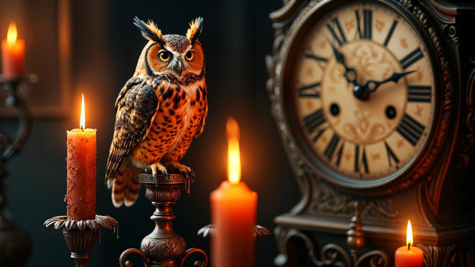 Majestic owl on ornate candlestick in dimly lit room