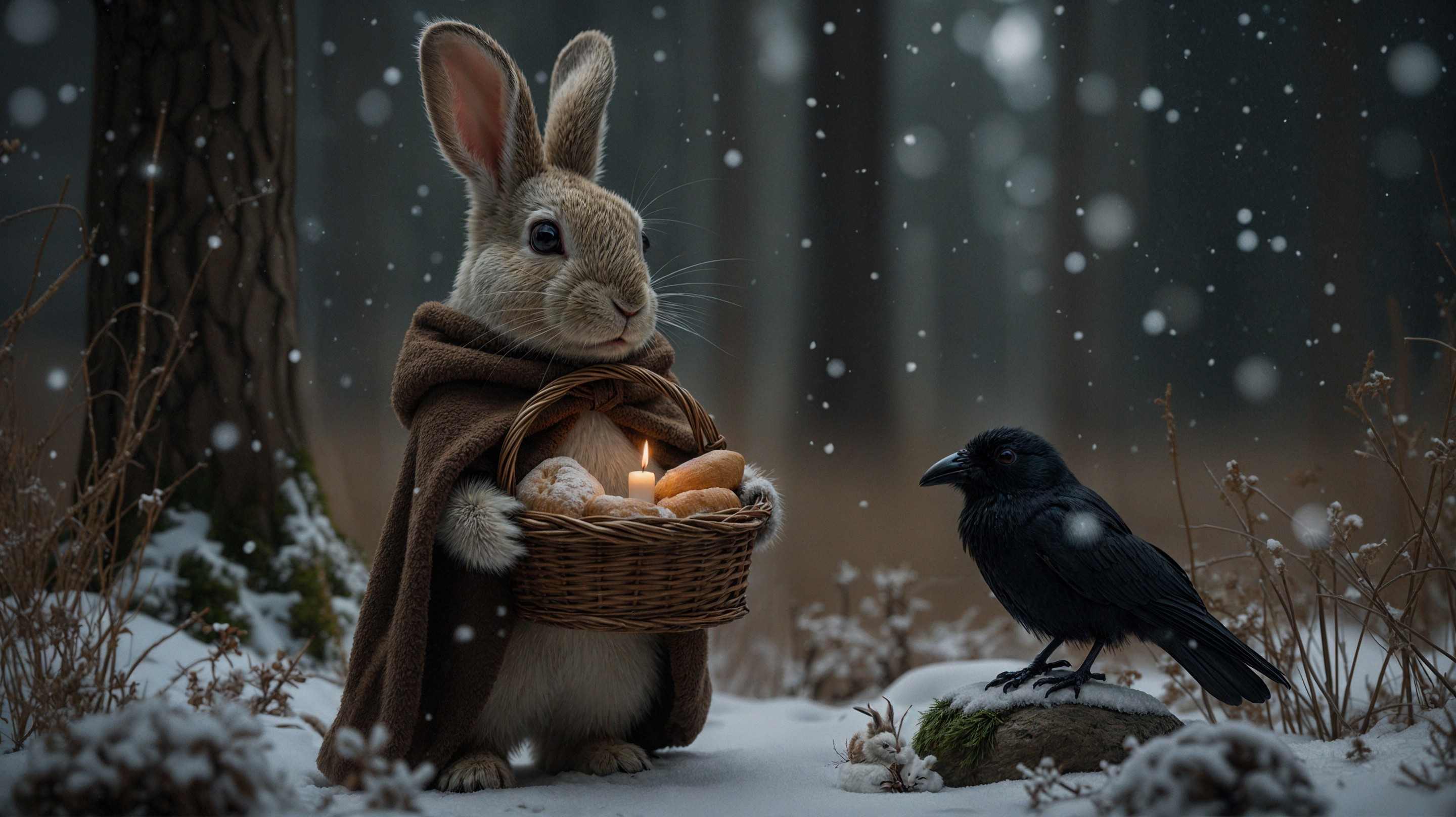 Snowy Forest Scene with Rabbit and Raven Companions