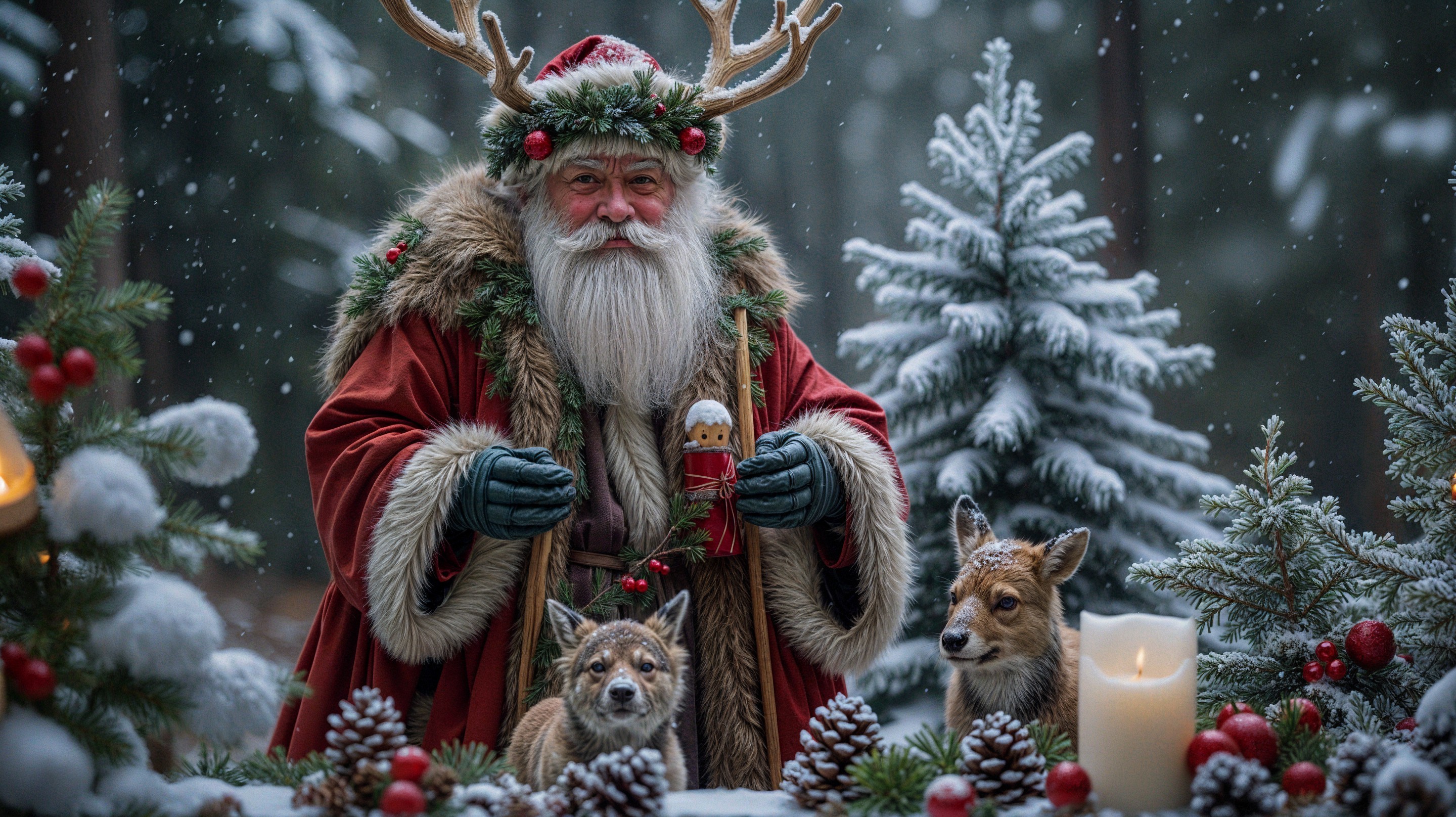 Santa Claus in a snowy forest with festive decor