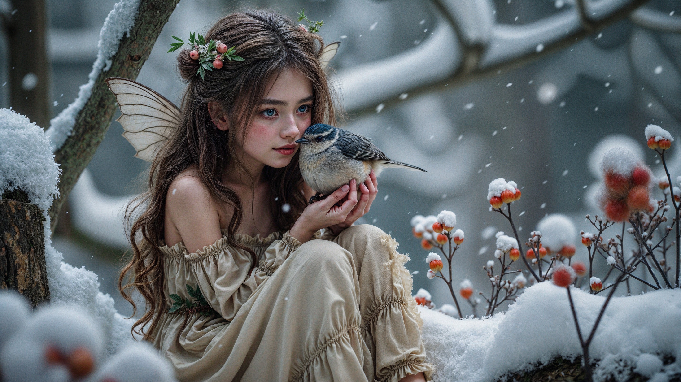 Whimsical Winter Scene with Fairy Wings and Nature