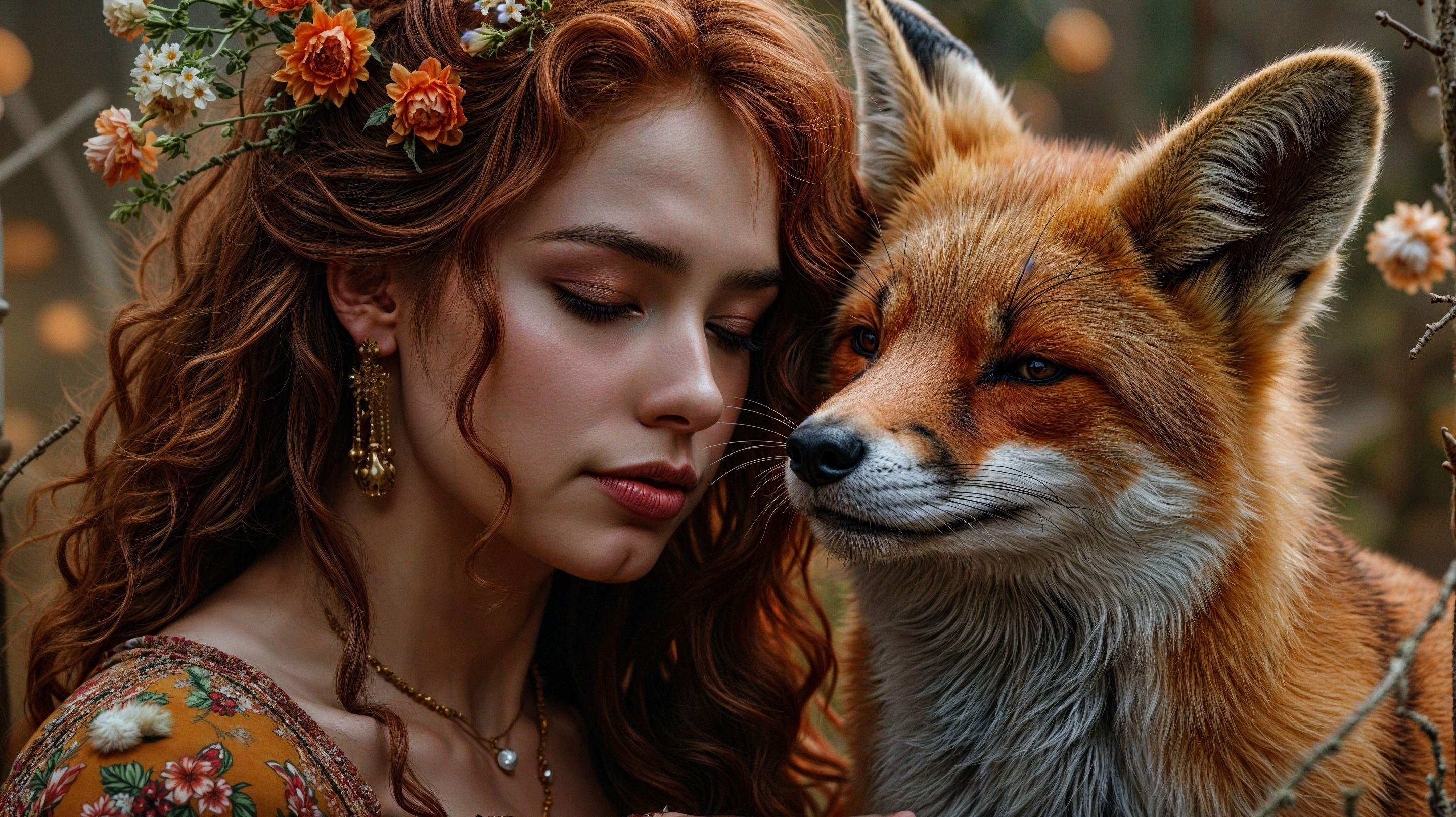 Young woman with red hair and fox in a lush setting