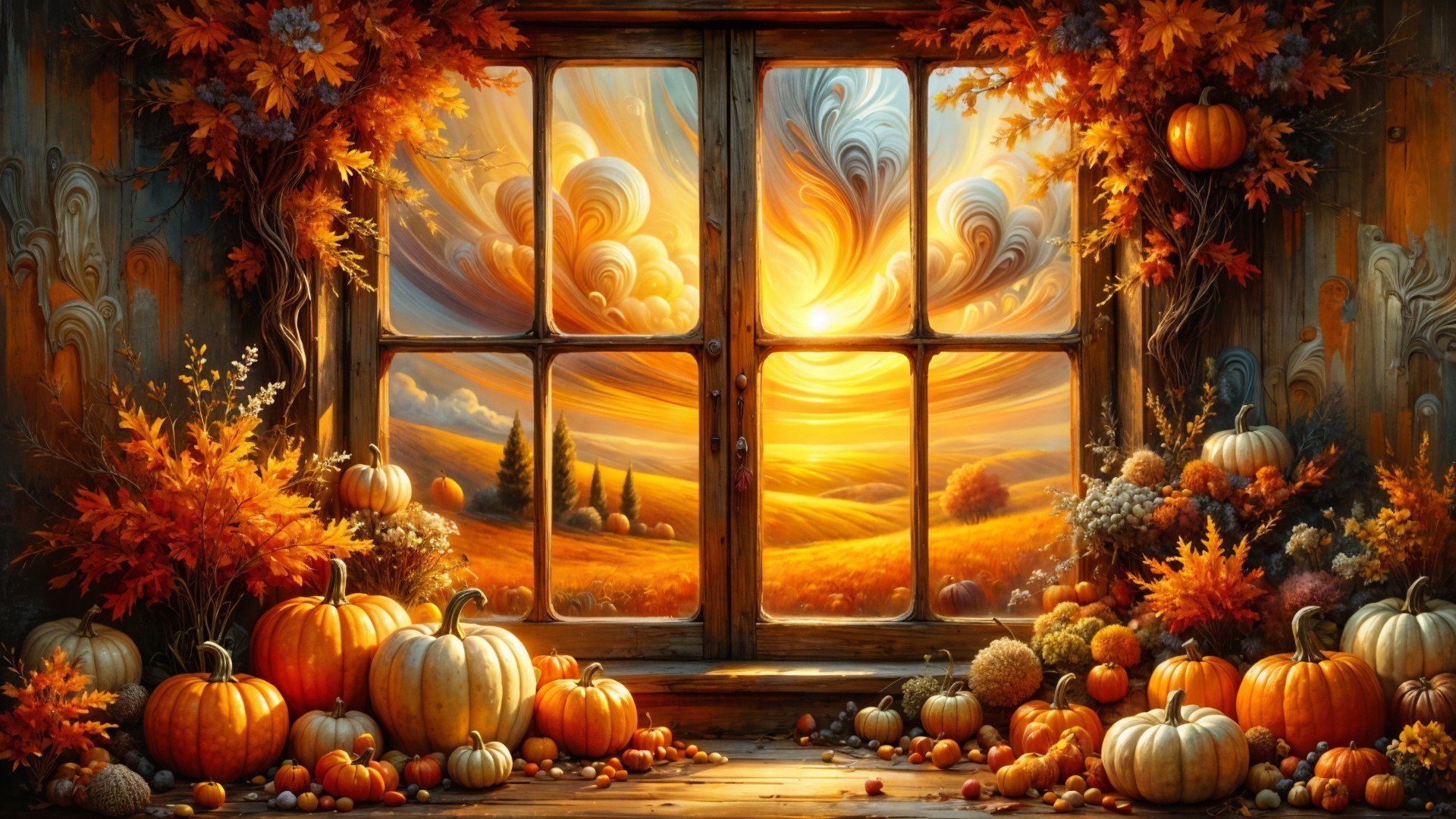 Cozy Autumn Scene with Pumpkins and Vibrant Leaves