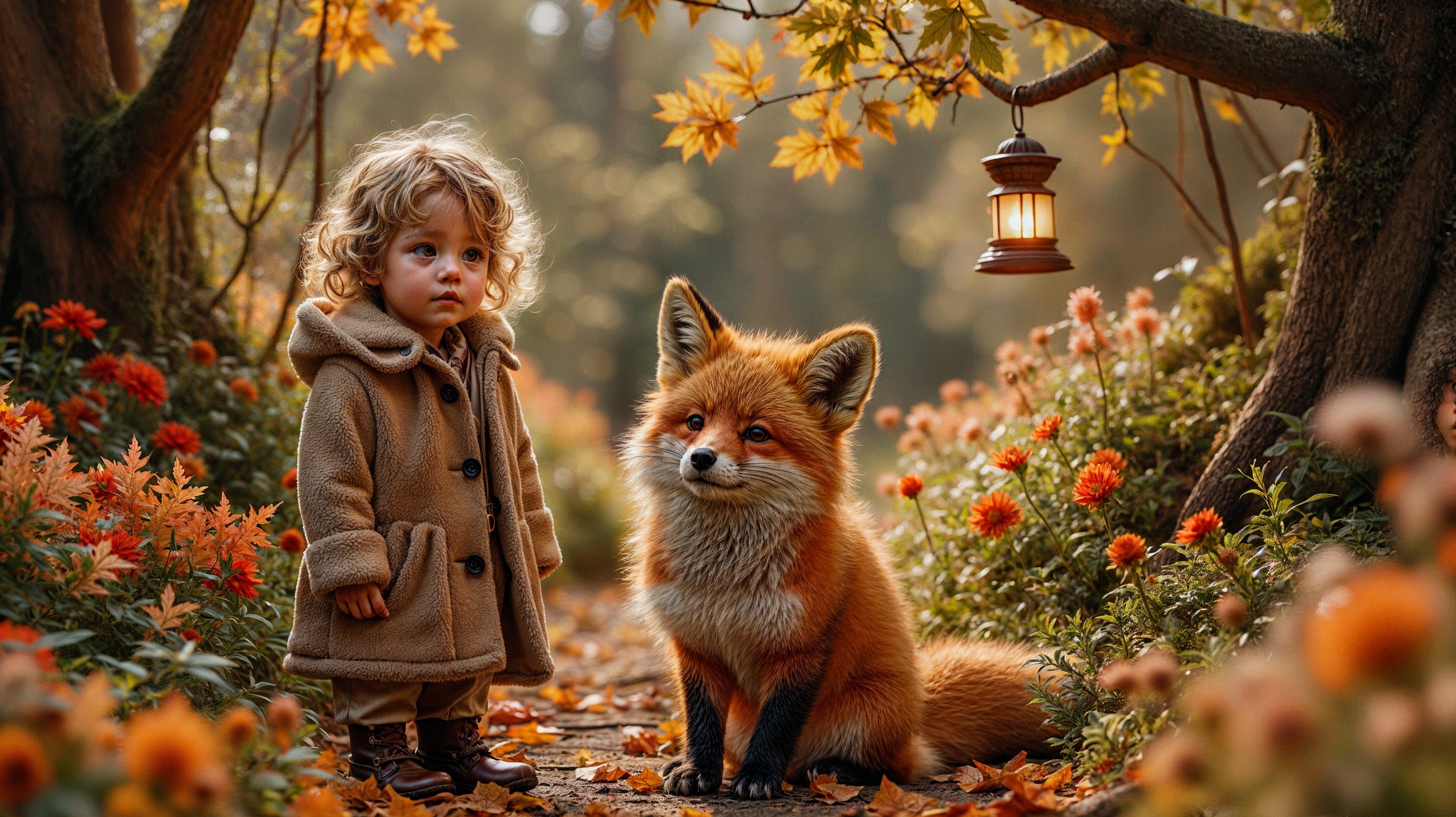 Child and Fox in Autumn Foliage with Lantern Light