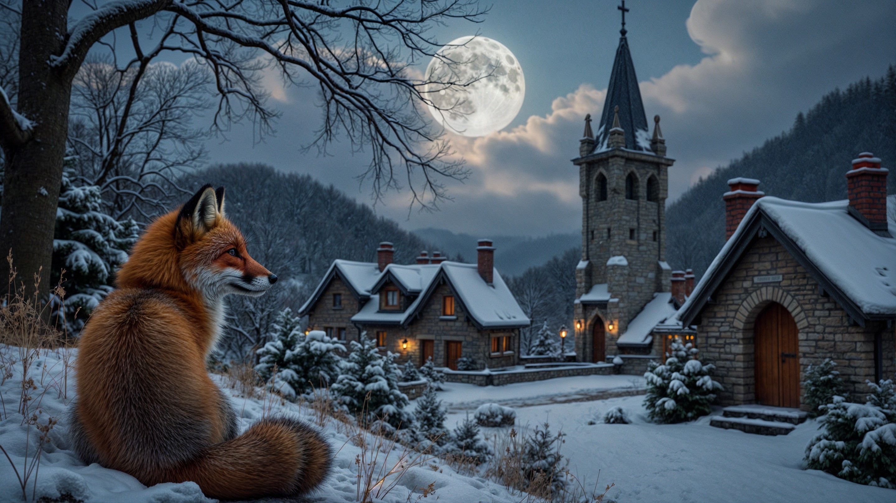 Winter Landscape with Fox, Cottage, and Church