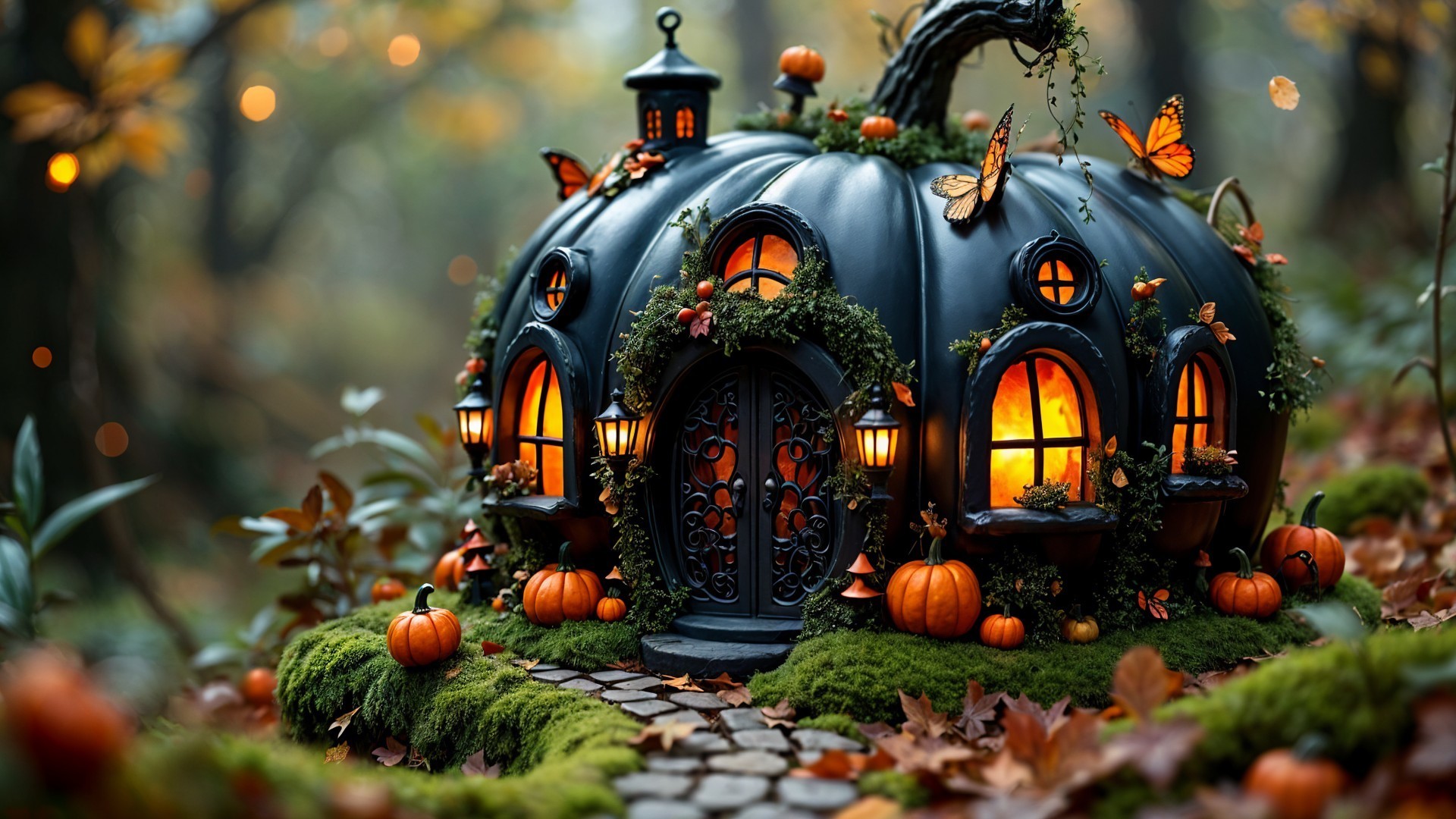 Whimsical Pumpkin-Shaped House in Autumn Forest