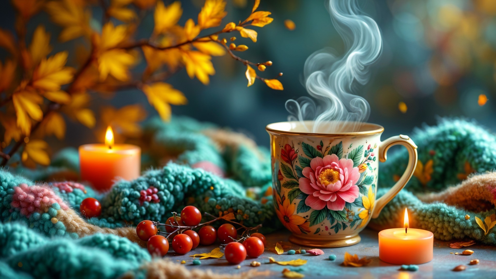 Floral Mug in Cozy Autumn Setting with Candles