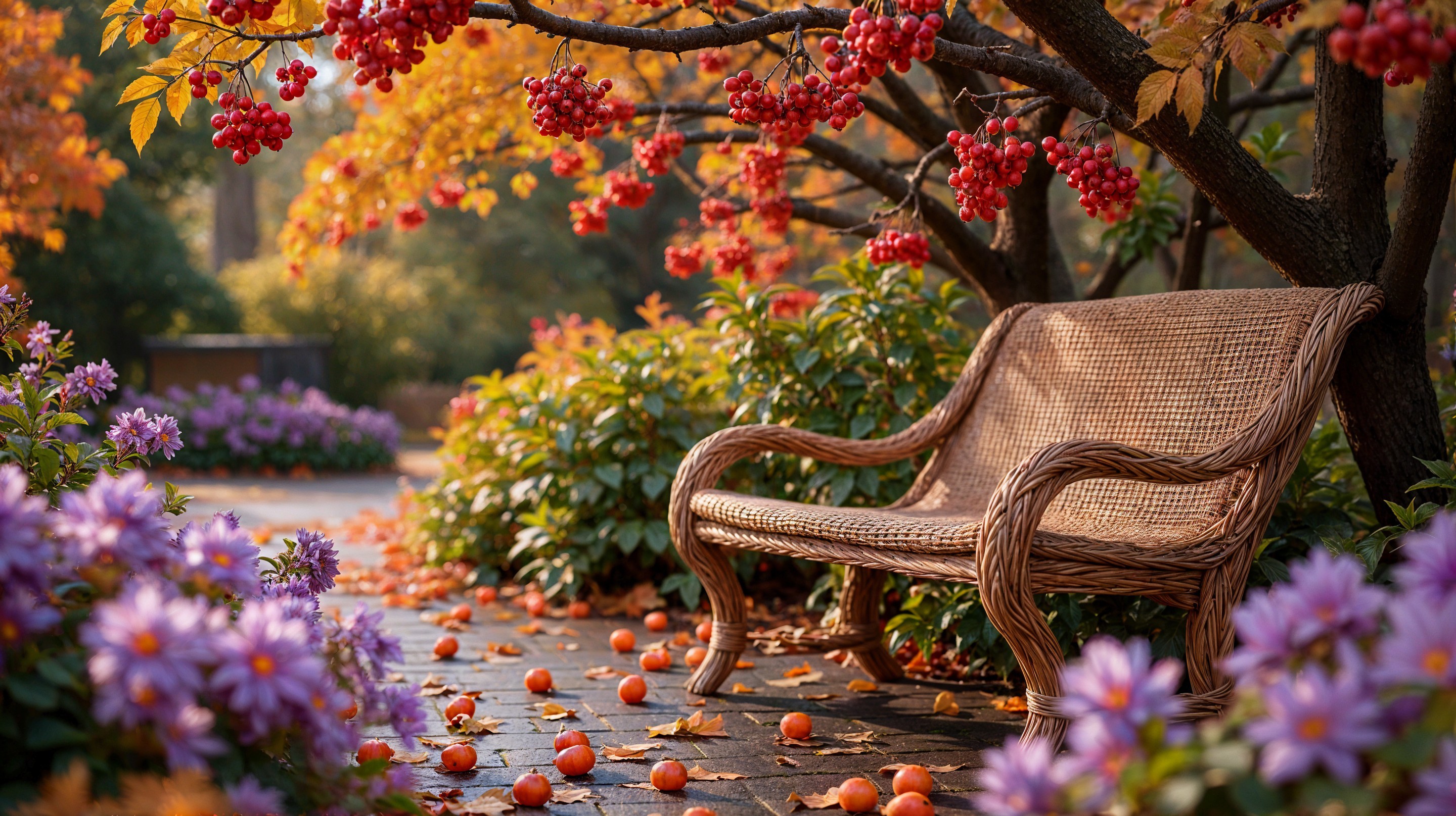 Serene Garden with Wicker Bench and Autumn Foliage