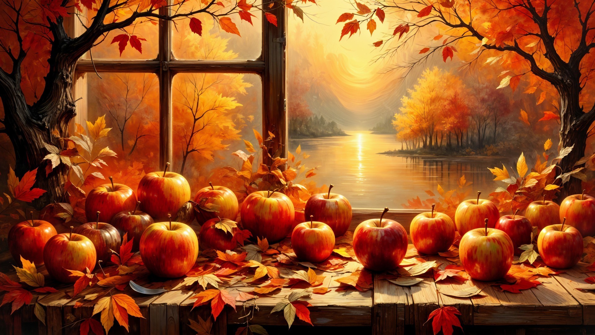 Autumn Scene with Apples and Vibrant Foliage
