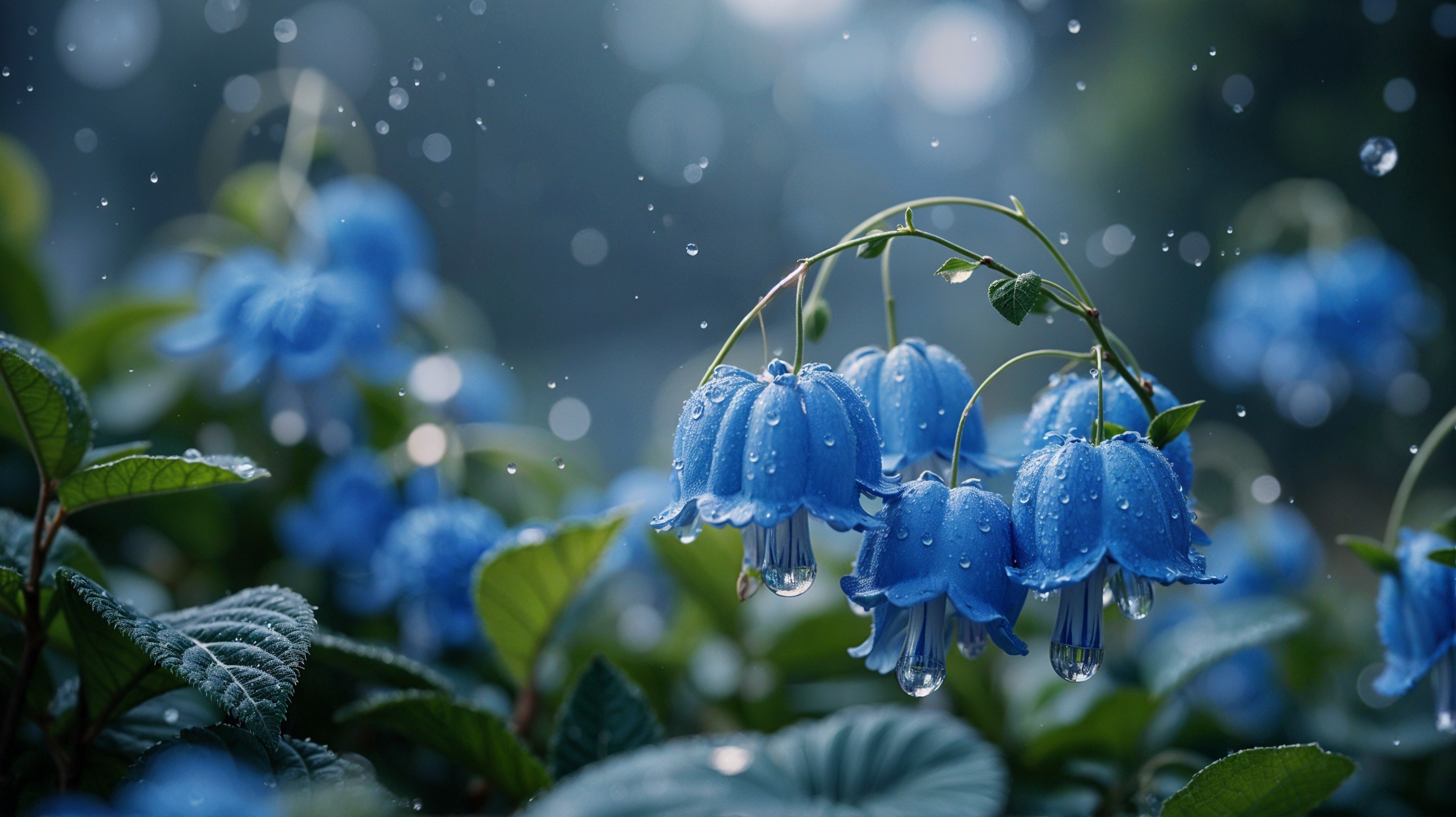 Bell-Shaped Blue Flowers with Raindrops and Green Leaves