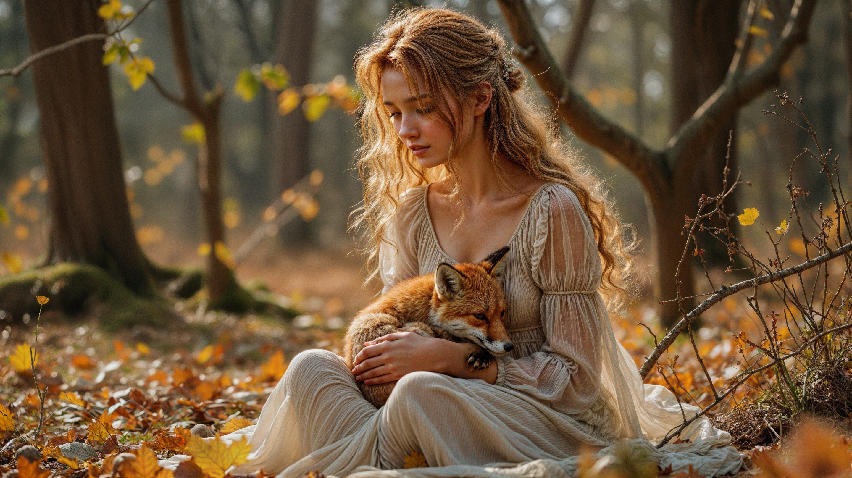 Young Woman with Fox in Serene Autumn Forest