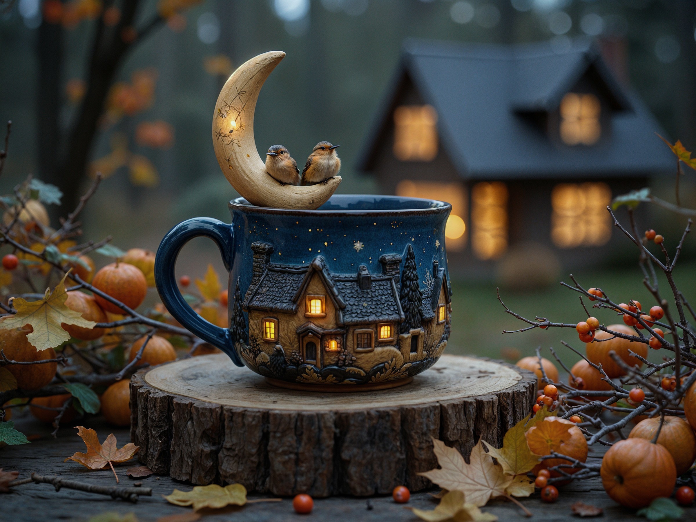 Ceramic Mug with Village Scene and Crescent Moon