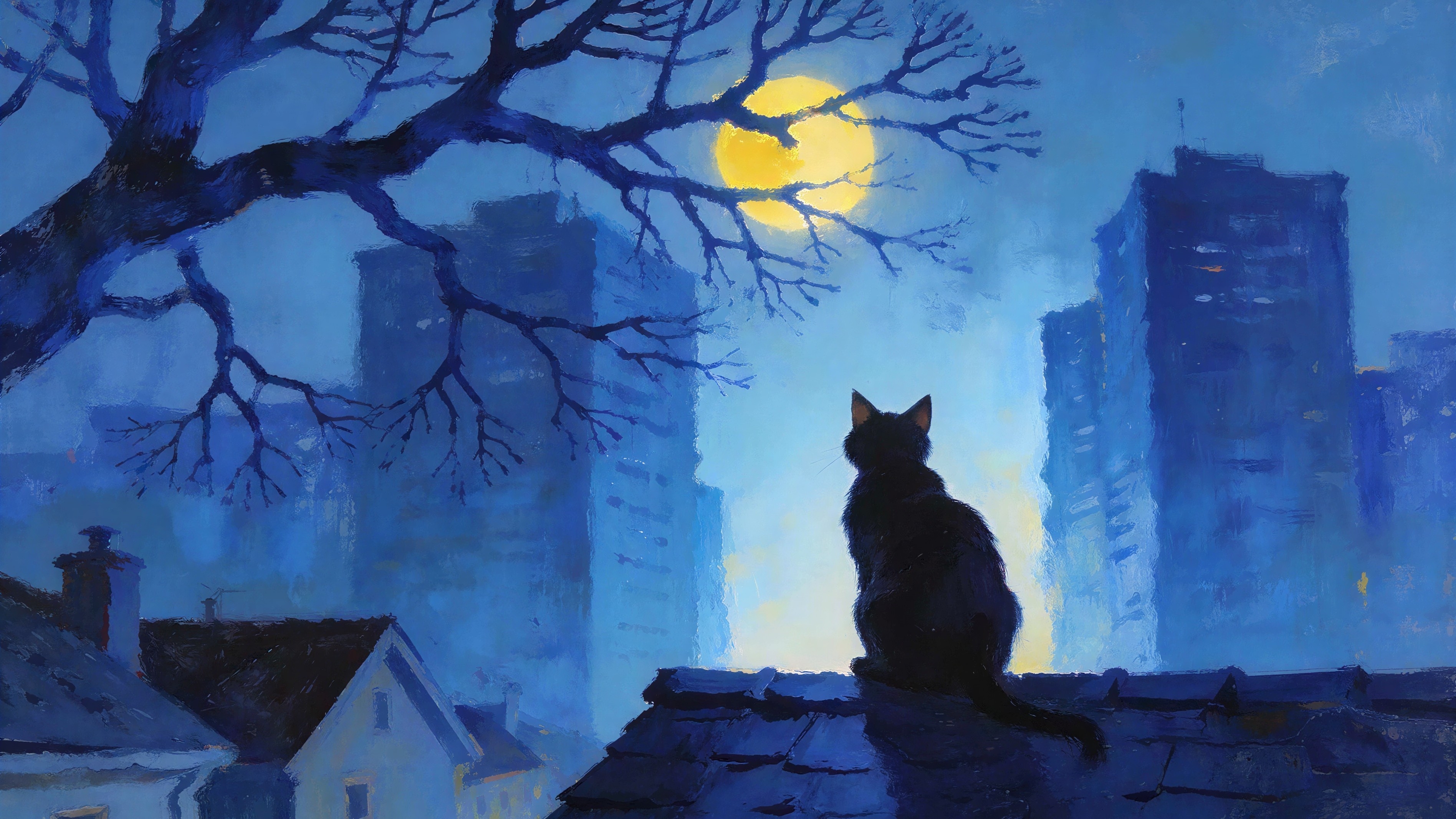 Atmospheric Painting of a Cat and Full Moon Scene