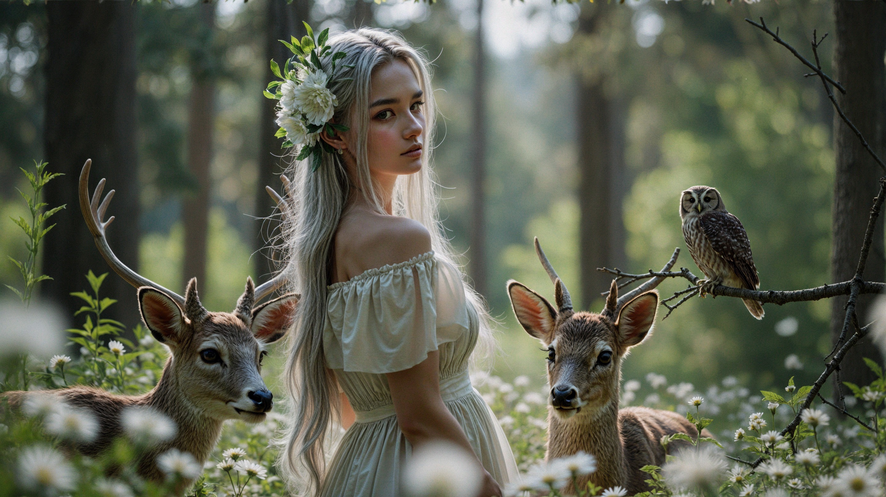 Young woman in a forest with deer and owl