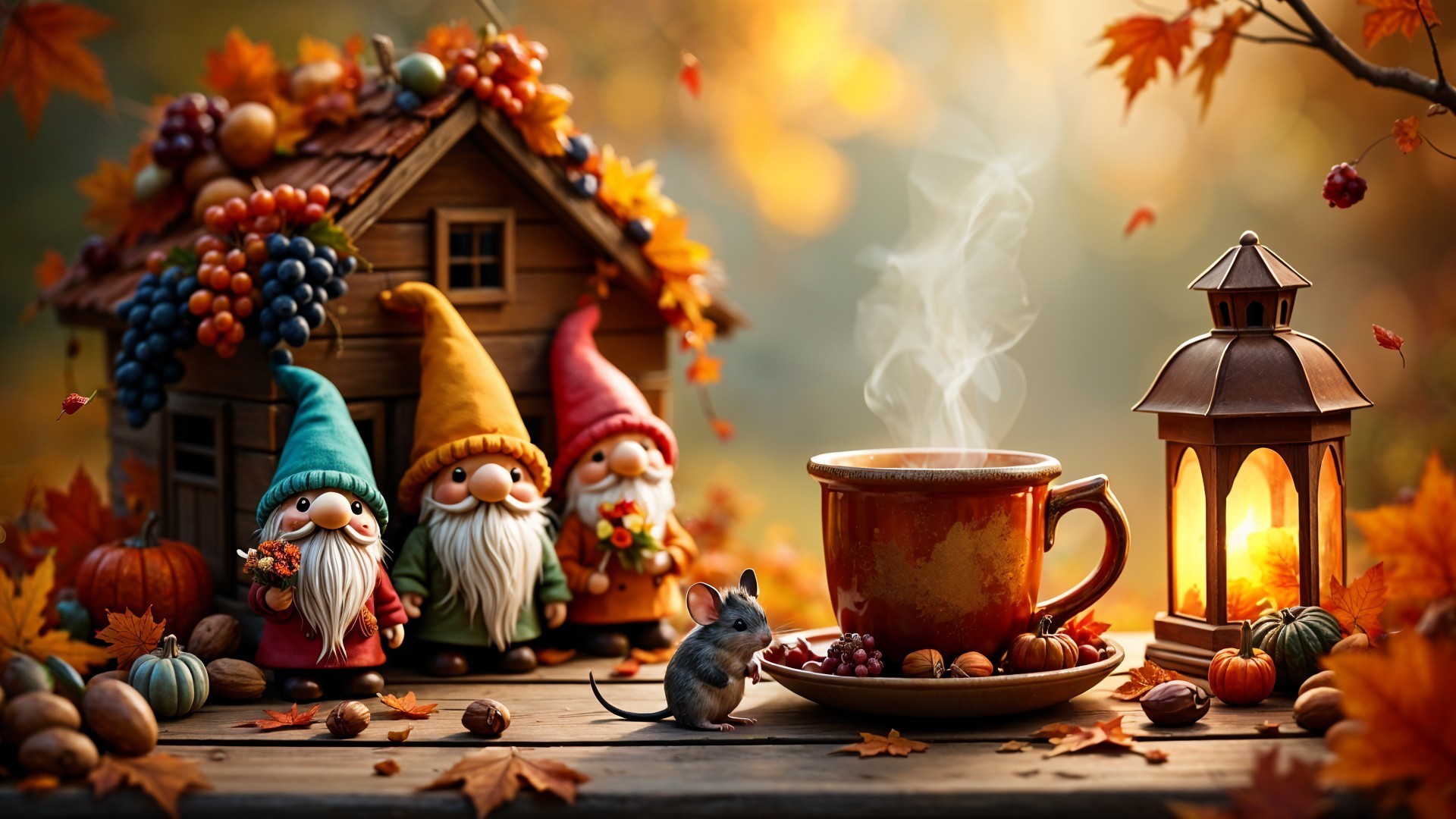 Charming Autumn Scene with Gnomes and Cozy House