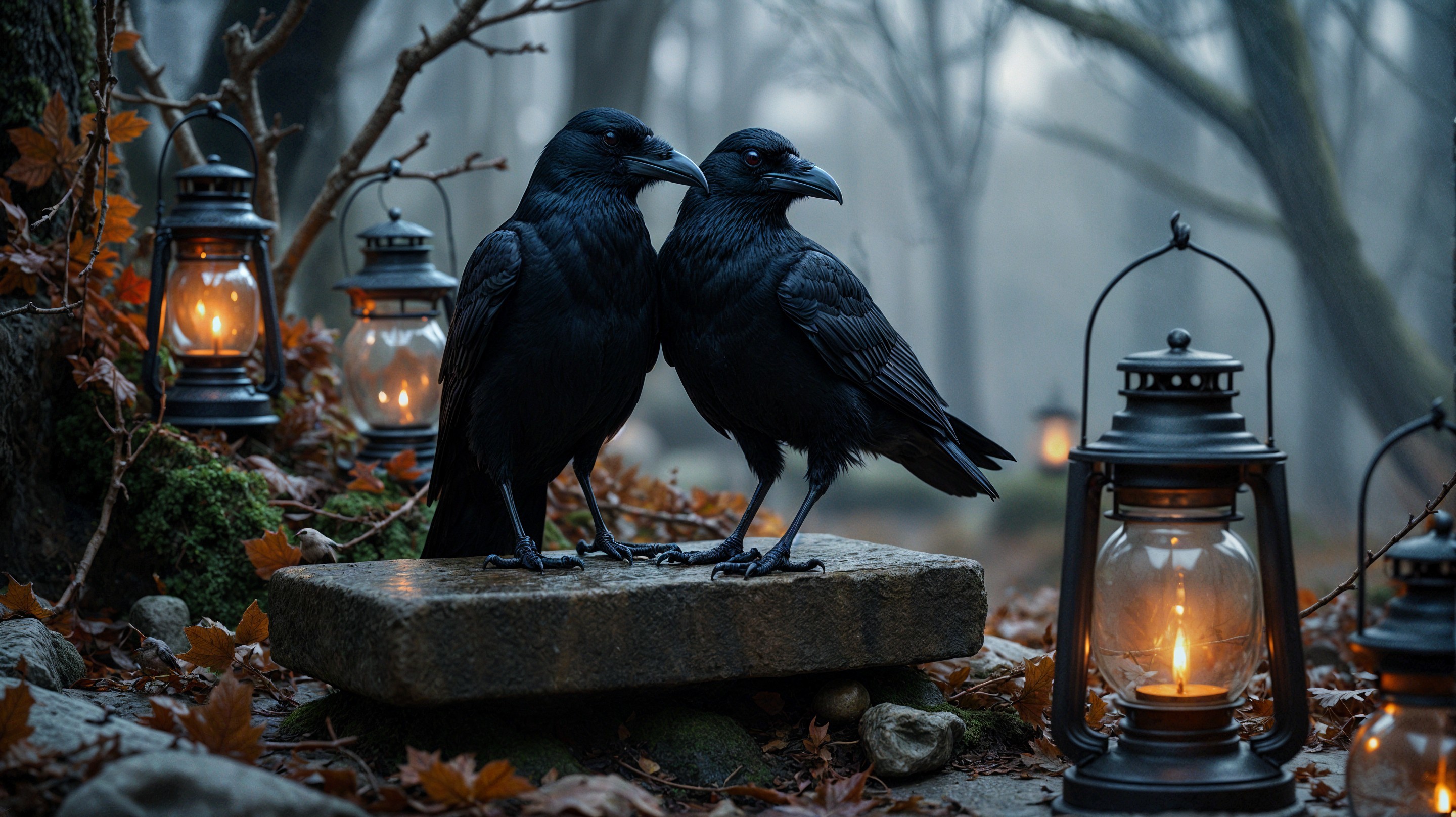 Misty Forest Scene with Ravens and Glowing Lanterns