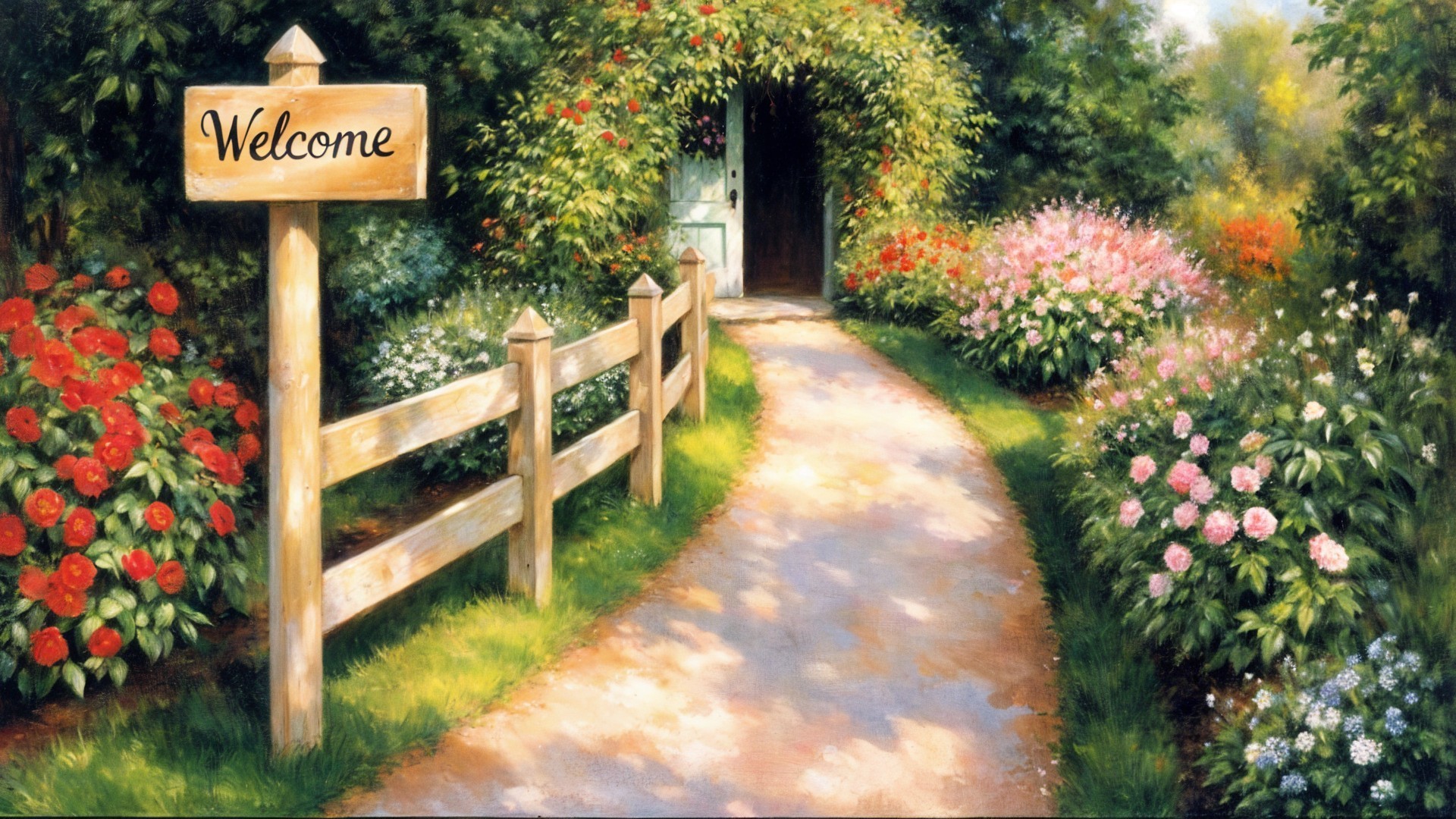Serene Garden Path with Vibrant Flowers and Greenery