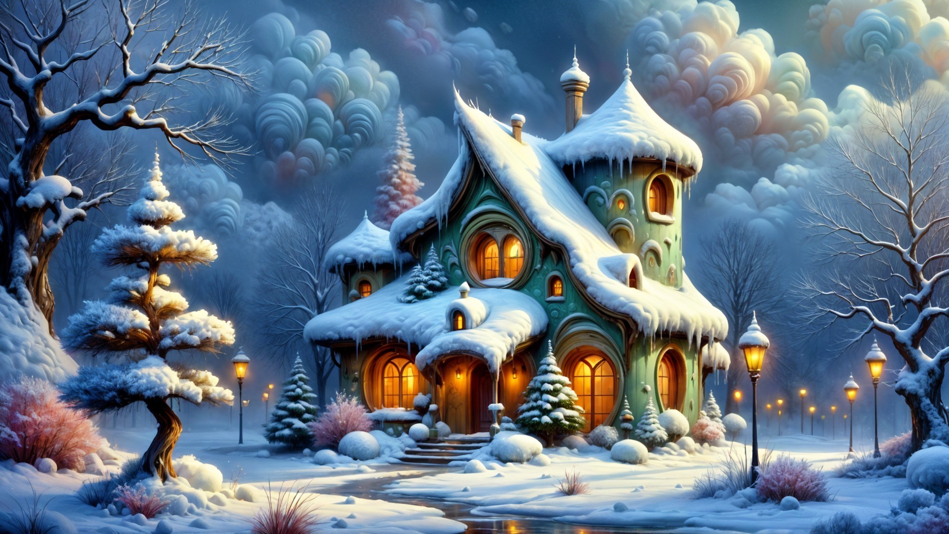 Whimsical Fairy-Tale House in Snowy Landscape