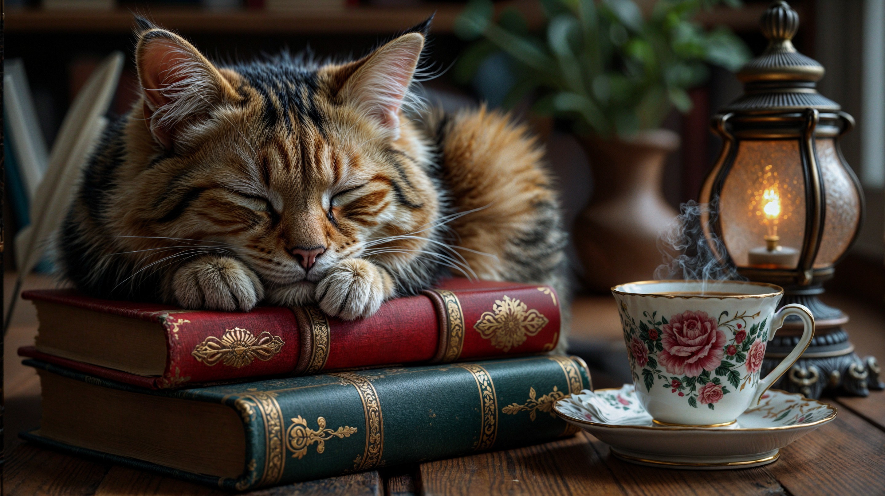 Fluffy Cat on Vintage Books with Teacup and Lantern
