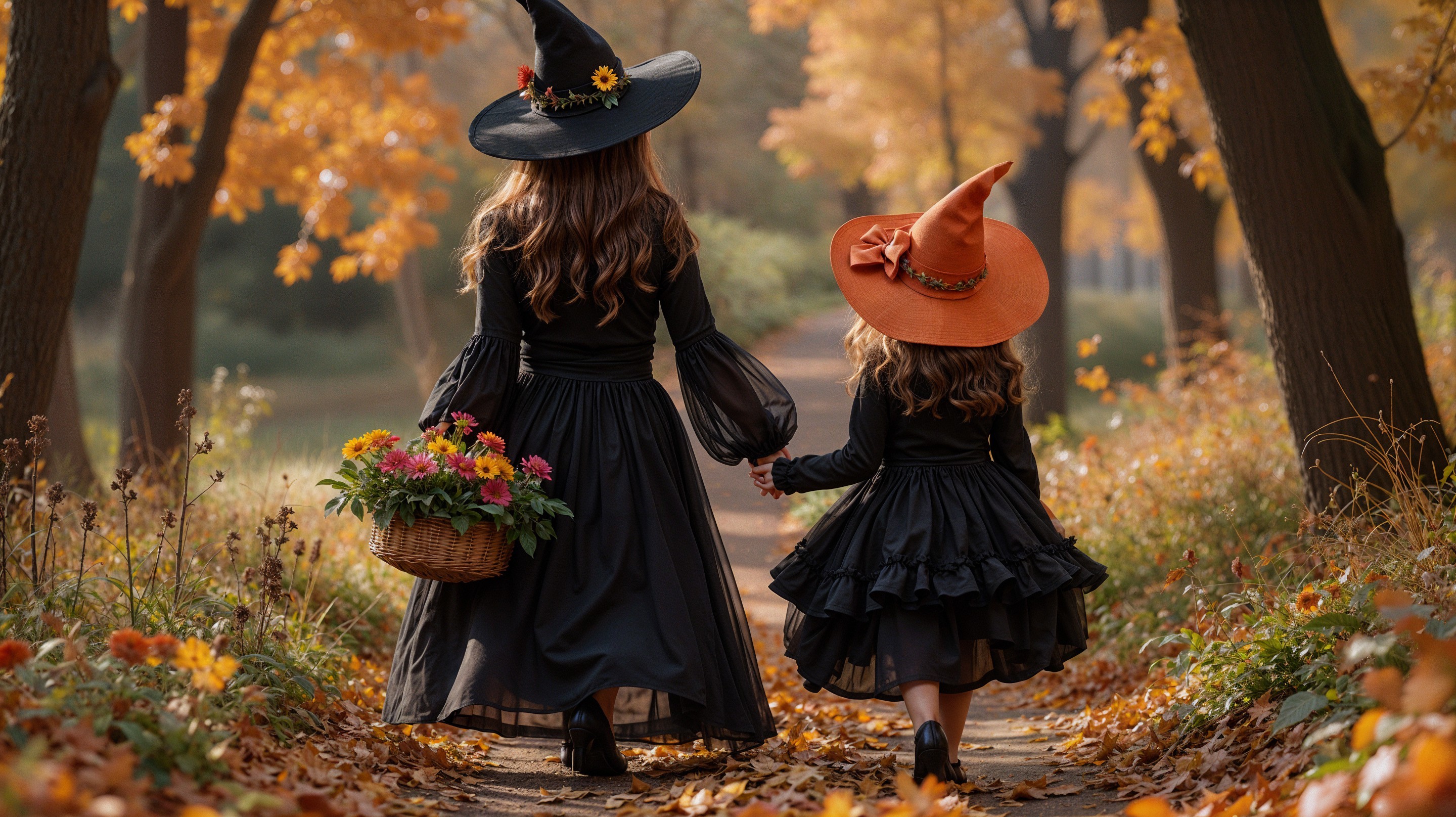 Young girls in witch costumes on an autumn path