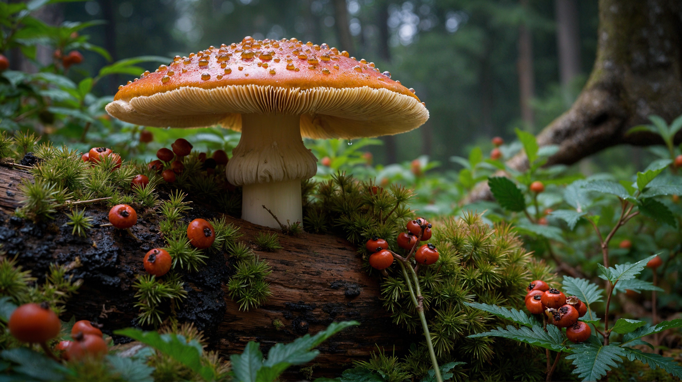 Vibrant Orange Mushroom on Mossy Log in Forest