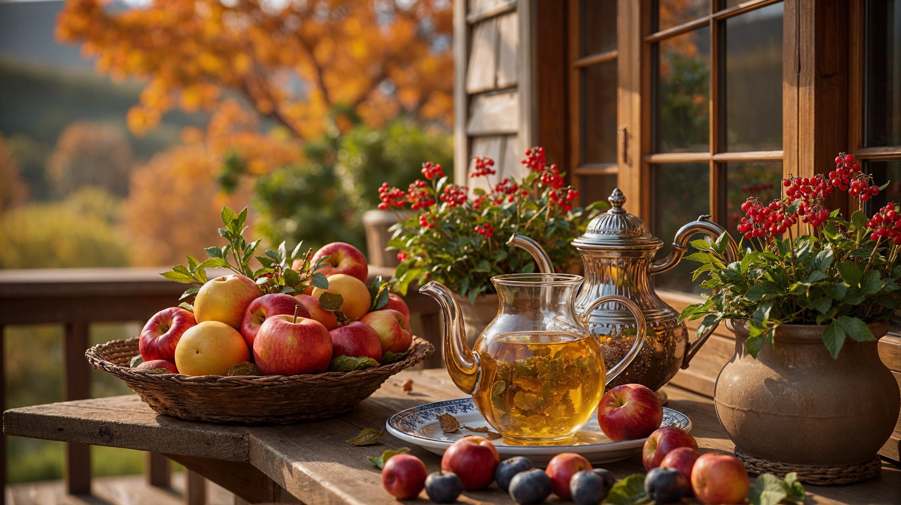 Cozy Autumn Scene with Apples and Tea on Porch