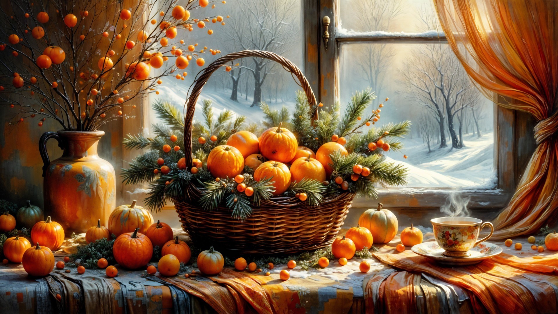 Cozy Winter Scene with Oranges and Pine Branches