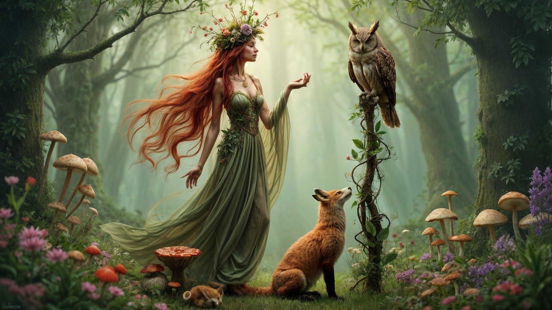 Mystical Woman in Enchanted Forest with Wildlife