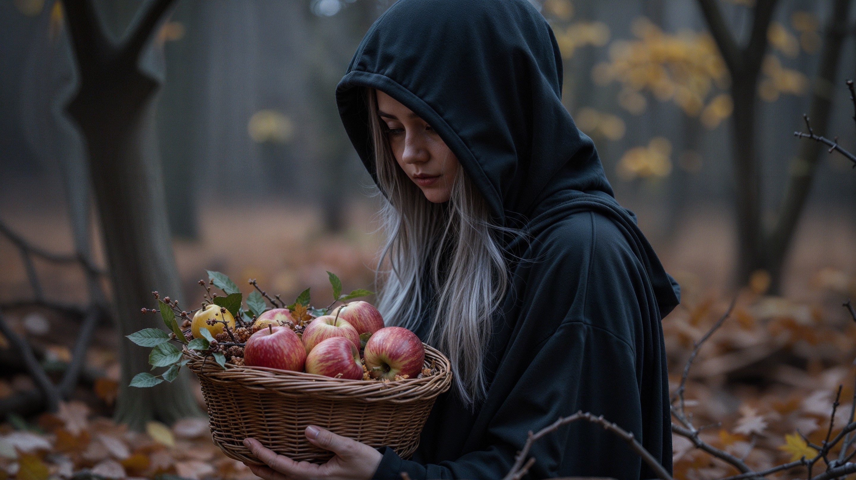 Young Woman in Autumn Forest with Basket of Apples