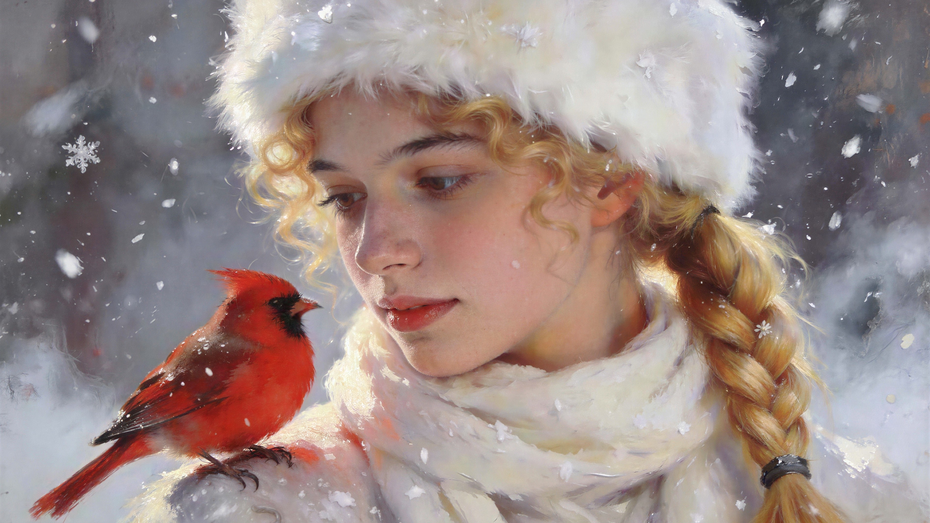 Detailed Painting of Woman with Cardinal in Winter Scene