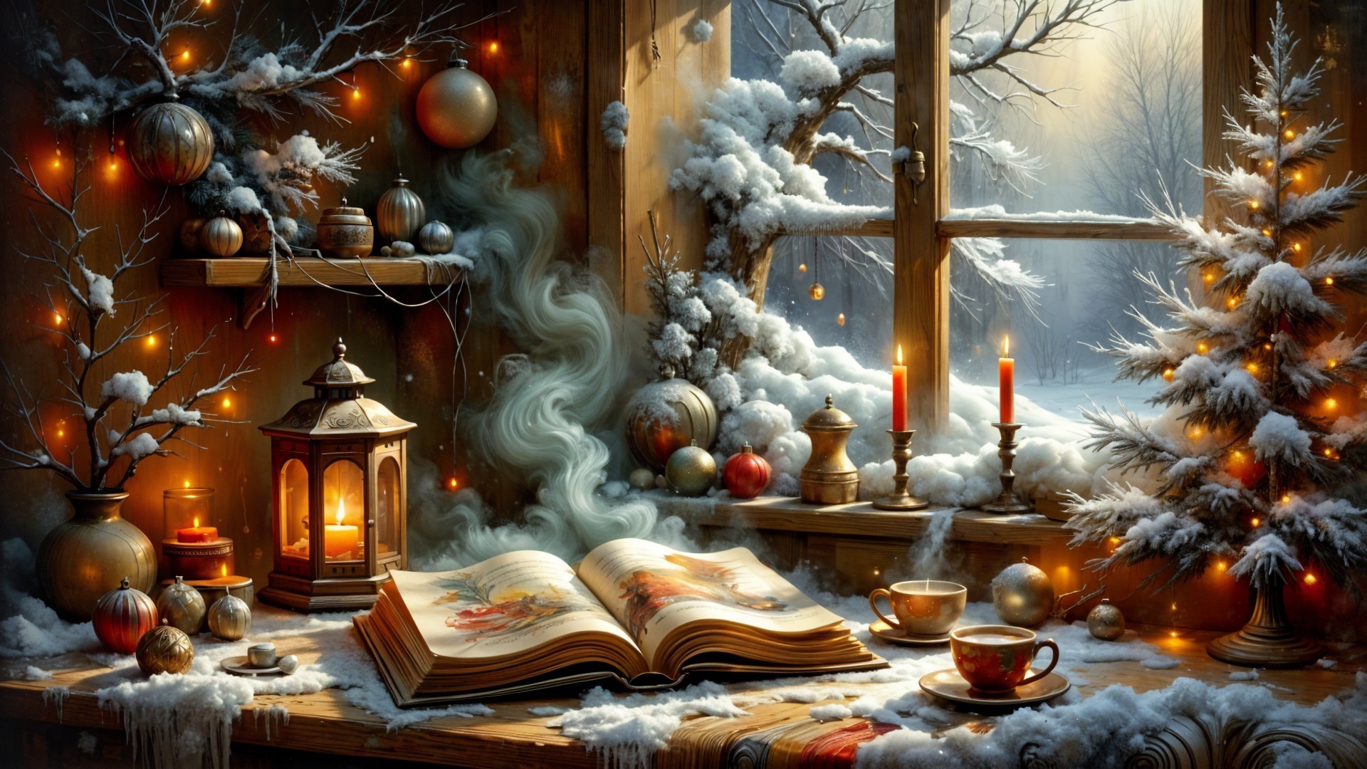 Cozy Winter Scene with Snow and Warm Decor