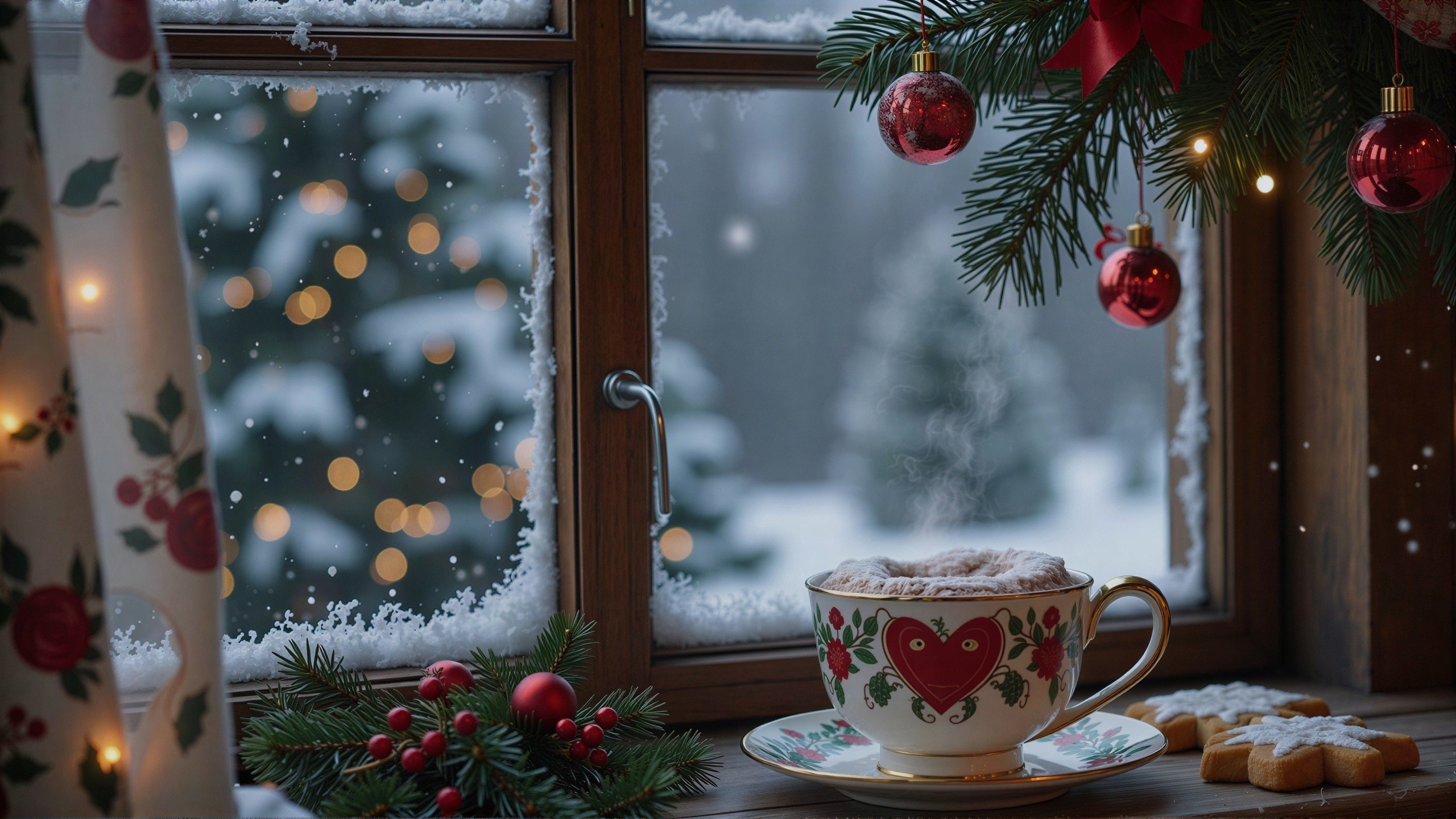 Cozy Winter Scene with Hot Cocoa and Snowy Landscape