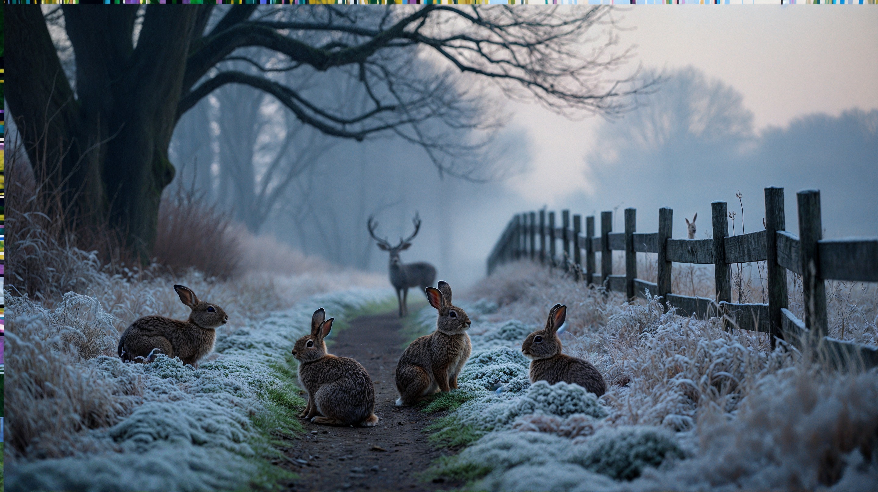 Serene Dawn Landscape with Rabbits and Stag