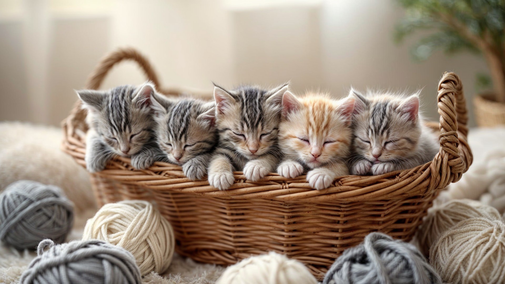 Five Kittens Sleeping in a Woven Basket with Yarn Balls