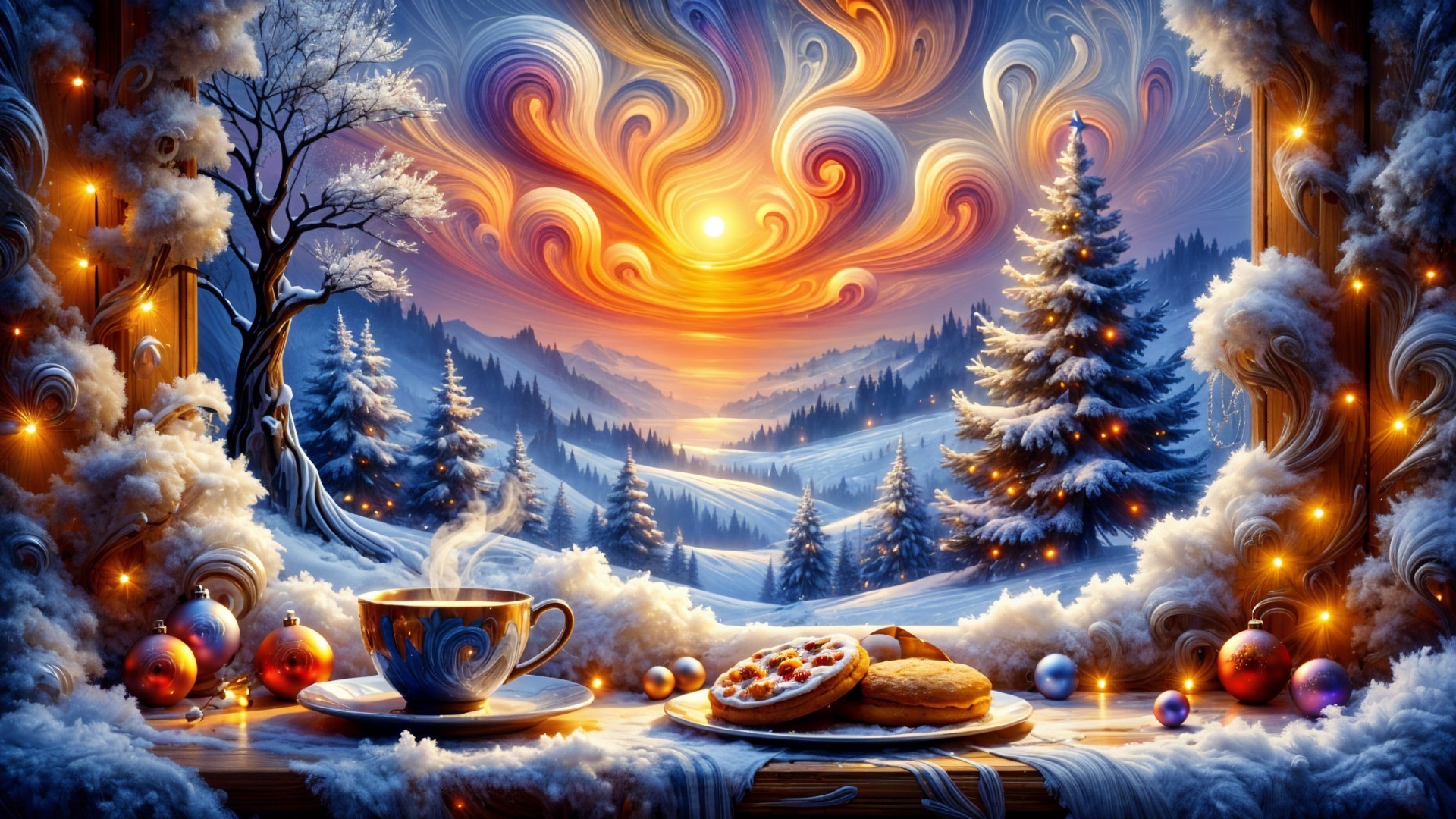 Cozy Winter Scene with Frosted Window and Sunset