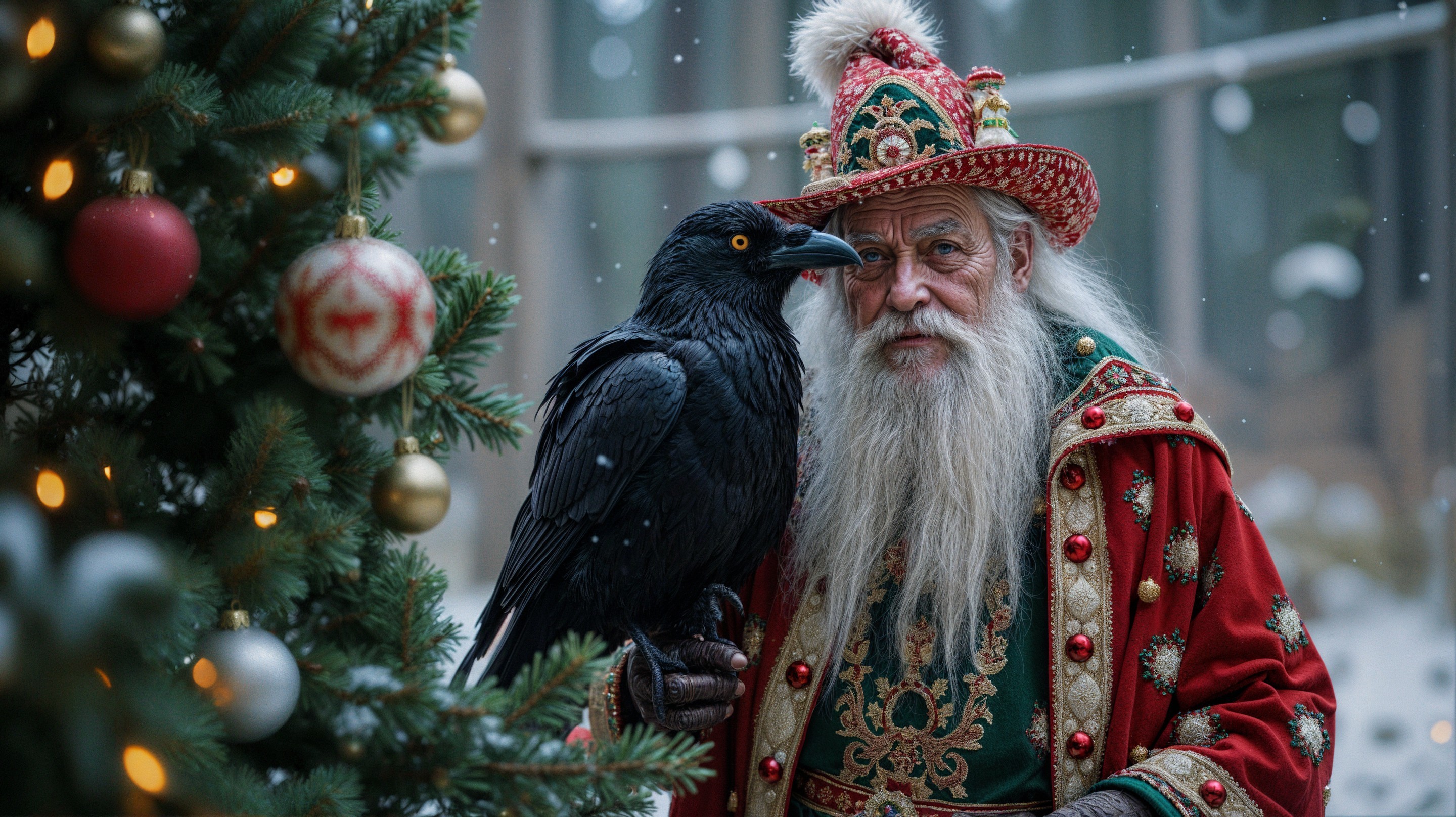 Venerable figure in festive red robes with raven and tree