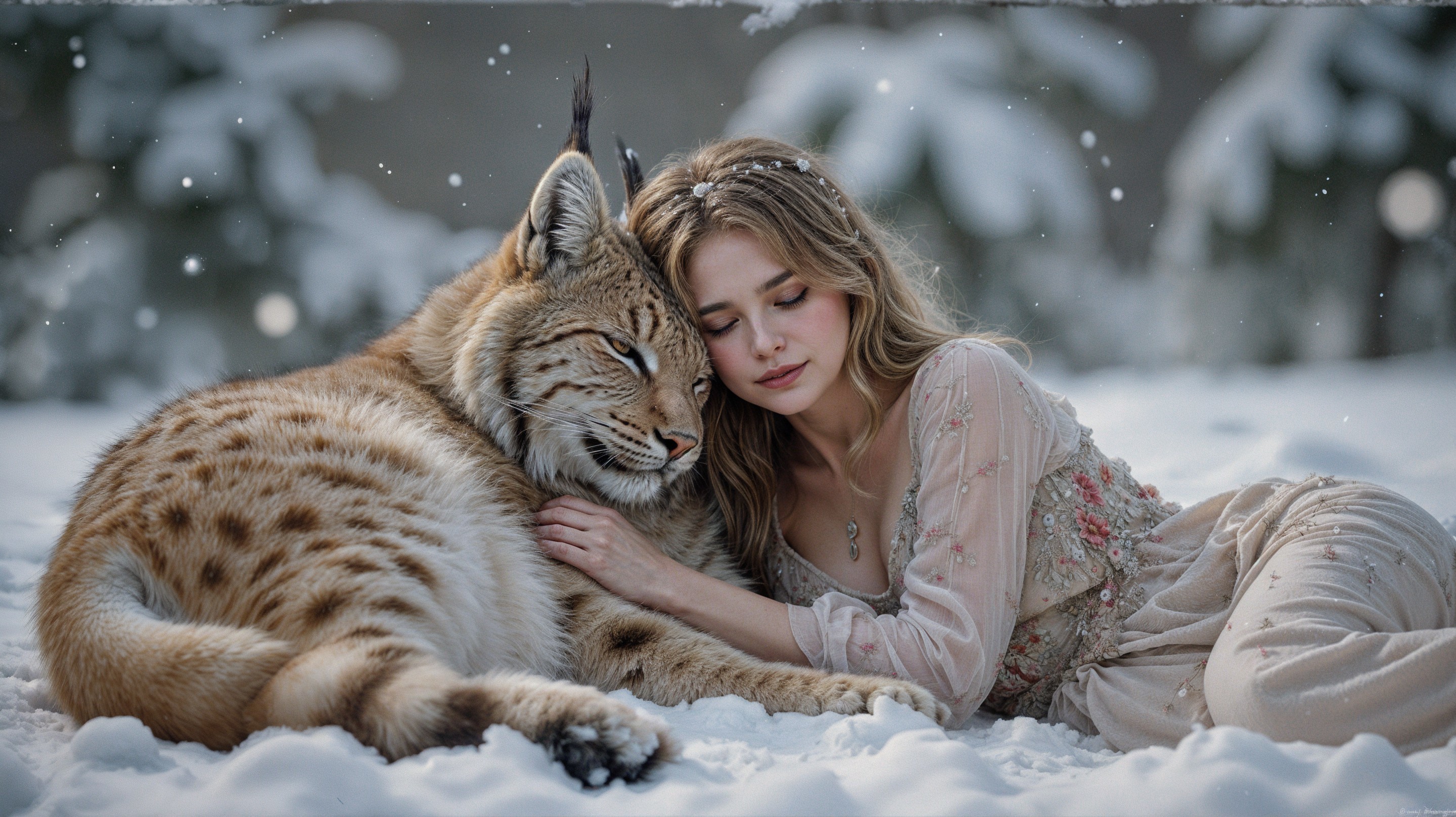 Winter Scene with Woman and Lynx in Snowy Landscape
