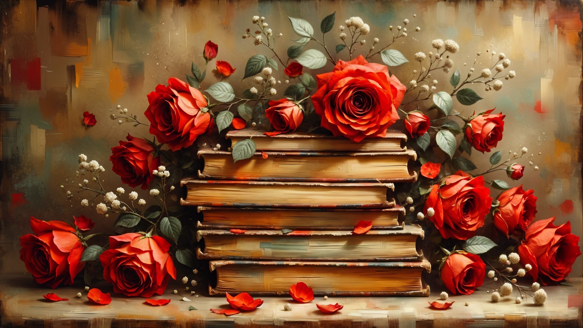 Old Books and Red Roses Create a Romantic Scene
