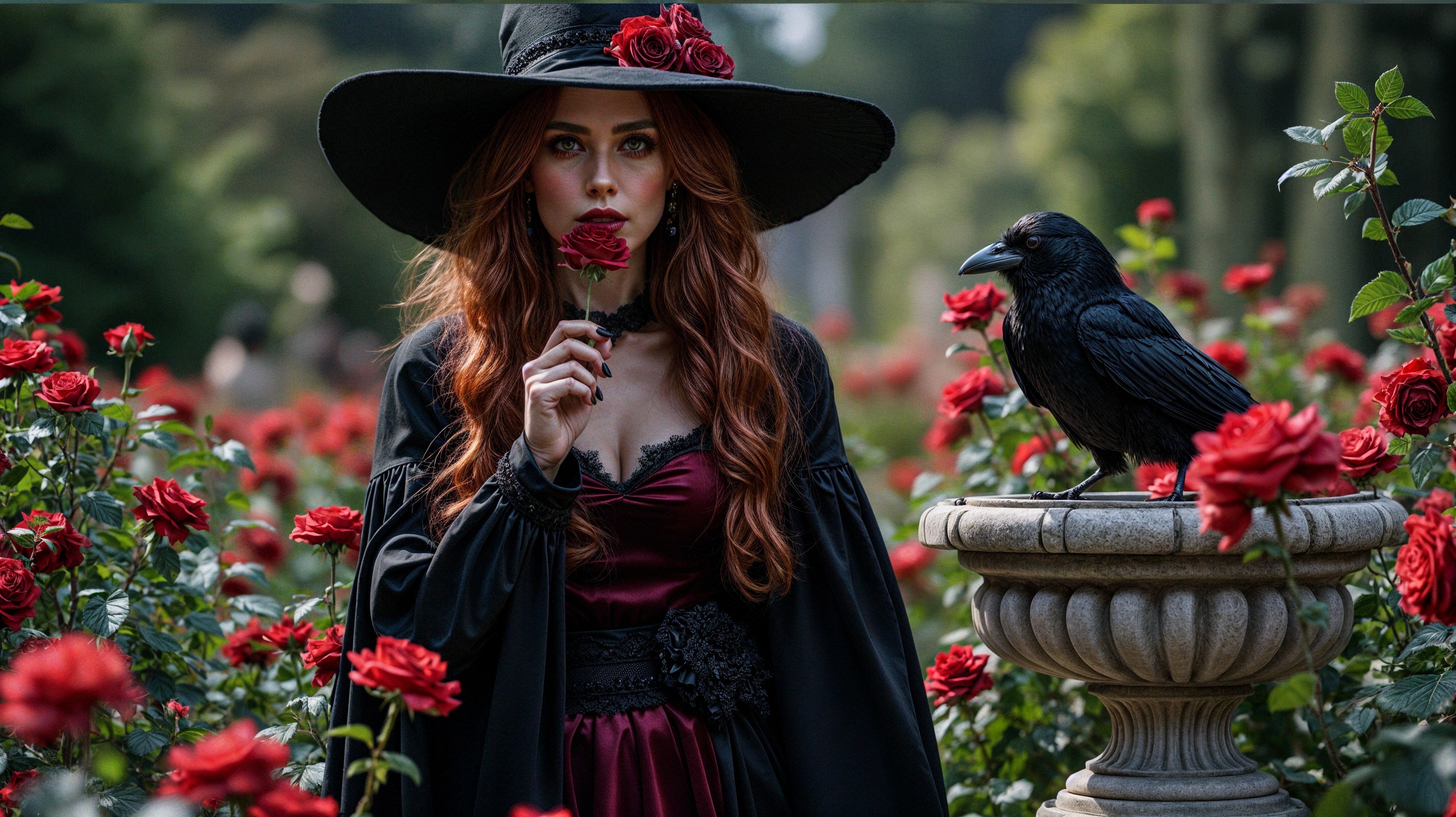 Woman in garden with red roses and raven