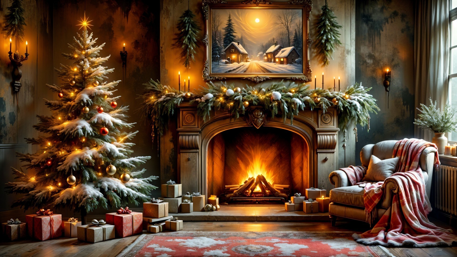 Cozy Christmas Scene with Decorated Tree and Fireplace