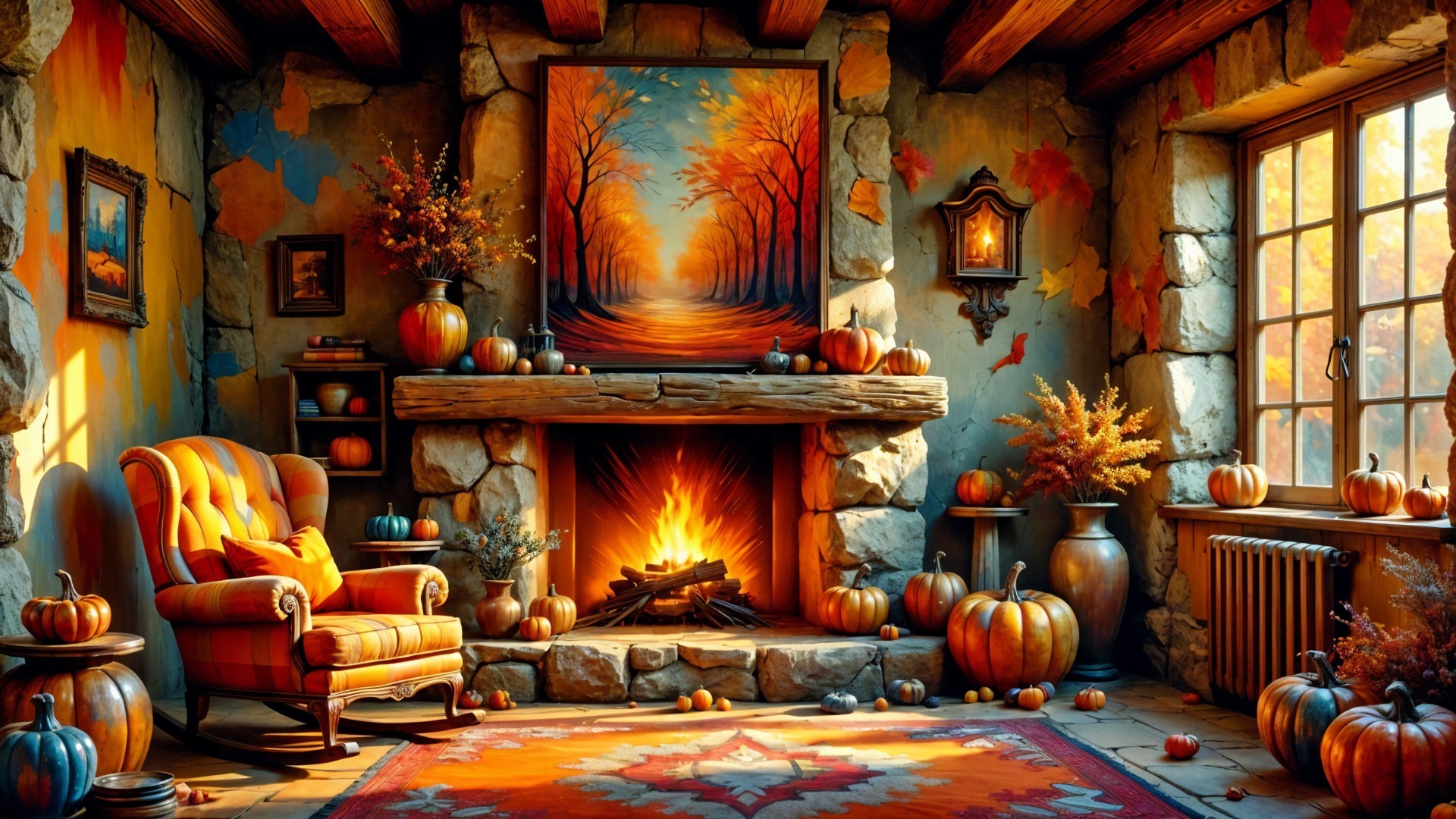 Cozy Autumn Living Room with Fireplace and Decor