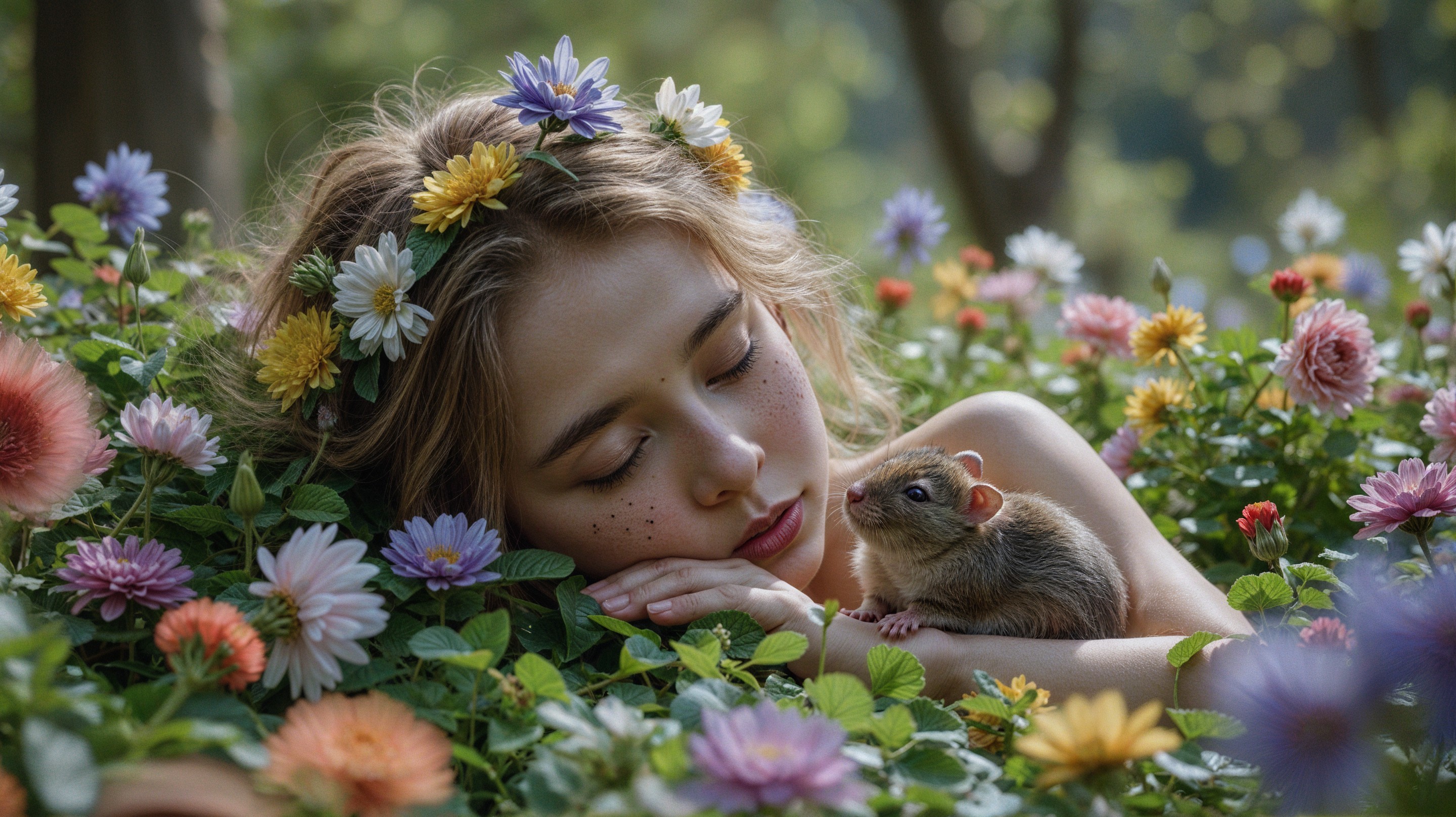Vibrant Garden Scene with Sleeping Woman and Rodent